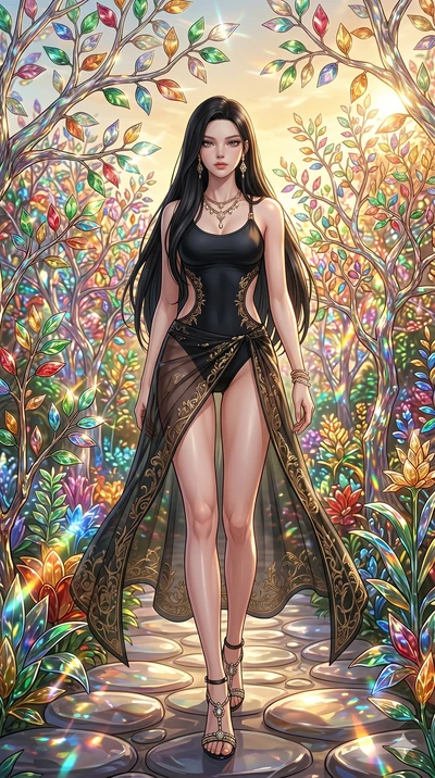 score_9, masterpiece, best quality, ultra-detailed, Set C: High-budget Anime Keyframe, Korean woman. Low angle cowboy shot filling the entire 9:16 frame with her statuesque presence. Walking through a garden of glass trees that chime in the wind unde