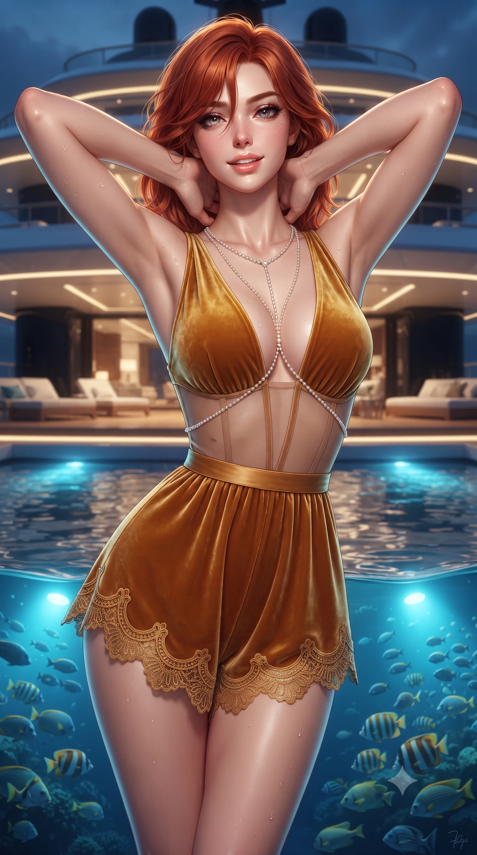 score_9, masterpiece, best quality, ultra-detailed, high-budget anime keyframe, editorial fashion photography, tasteful artistic composition, Korean woman. close-up cowboy shot from the waist and thighs up, the character dominates the composition, filling the frame with her large presence. resting both hands lightly behind her neck with elbows raised, arching her spine to highlight her narrow waist, flat midriff, and breathtaking collarbones while twisting her slender torso in an alluring S-curve, underwater blue hull lights illuminating schools of reef fish around her feet and curves. The surrounding environment is rendered in vivid detail and crisp panoramic clarity: detailed wet-look neoprene zip monokini cling, gold body chain shine, and mega-yacht beach club architecture in high resolution. She has an exceptionally elegant, slender, and willowy female figure with an ultra-slim waist, flat toned midriff, narrow ribcage, and sculpted feminine hips creating an alluring, slim hourglass silhouette without bulk. sharp v-shaped jawline, high-bridge nose, sparkling eyes with hypnotic seductive depth, thick curled eyelashes, glossy parted lips with a natural dewy peach sheen, alluring bedroom-eyes with an enchanting coquettish smile, exuding magnetic siren charisma and sophisticated glamour, flawlessly proportioned anatomical accuracy, strict slender model proportions, natural body alignment, perfectly sculpted long slender limbs, ultra-slim waistline, clean dynamic posture without body distortion. wearing a plunge-neck stretch velvet romper with scalloped eyelash-lace hems and a cinched waist ribbon in warm amber honey and antique gold leaf, made of semi-opaque stretch illusion mesh with soft shadowy contours, accented with a pearl-drop body harness subtly framing her dewy collarbones and spine, the second-skin tailored fabric adhering flawlessly to her sculpted flat midriff and slender torso, emphasizing her long leg lines and perfectly proportioned willowy build. illuminated by water surface reflection bounce and sharp cyan-gold rim lights defining her delicate clavicles, narrow waist, and curvy hips. ultra-reflective glossy finish, specular highlights, rich textural contrasts, high-contrast stereoscopic depth, volumetric dynamic lighting, 2k, ultra detail, master piece, 9:16 ratio