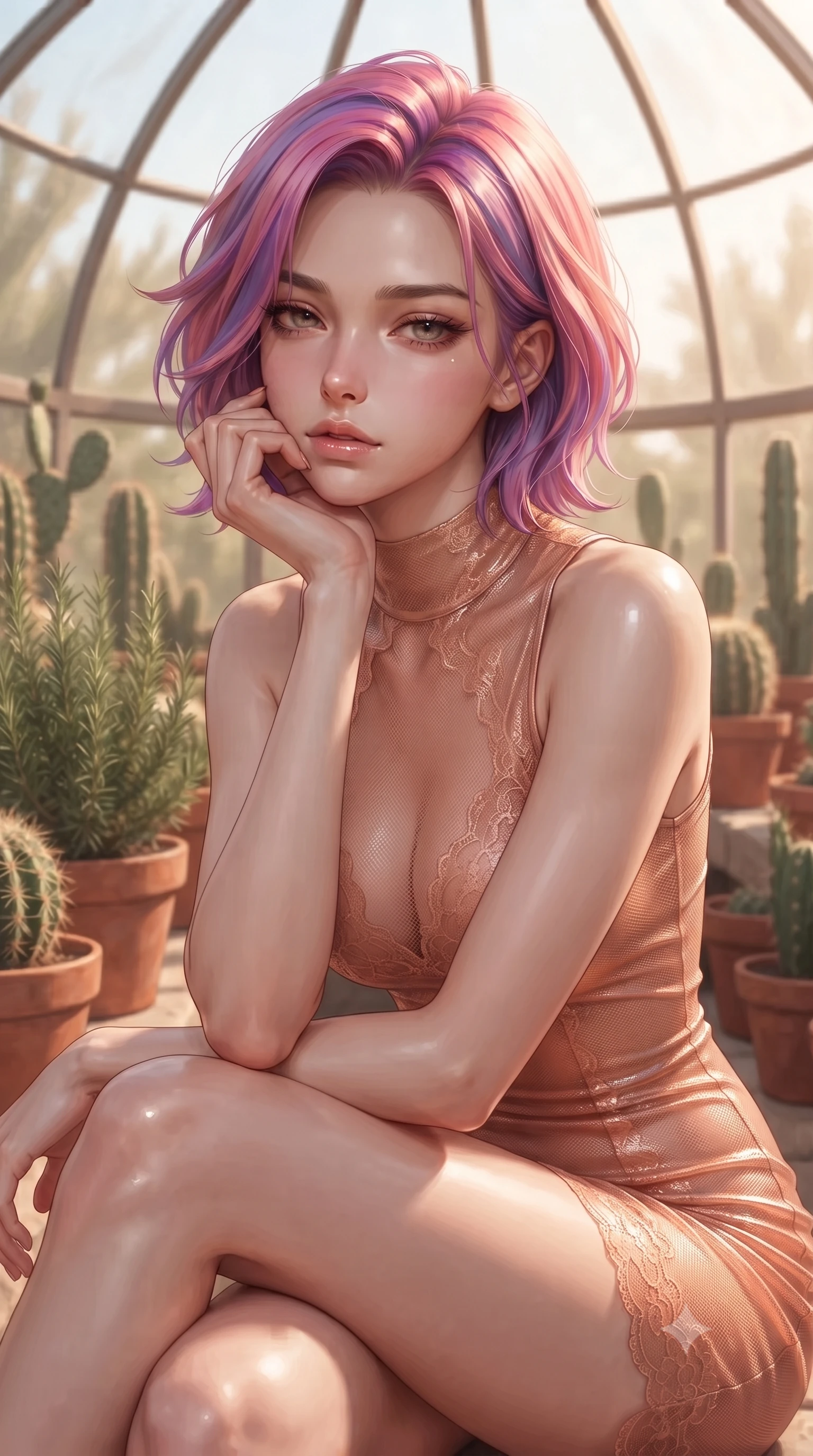 score_9, masterpiece, best quality, ultra-detailed, high-budget anime keyframe, editorial fashion photography, tasteful artistic composition, Caucasian woman. close-up cowboy shot from the waist and thighs up, the character dominates the composition, filling the frame with her large presence, background elements kept in soft focus. resting her chin on the backs of her fingers, casting a heavy-lidded, sultry look past the camera the background shows a soft-focus a desert greenhouse dome, surrounded by terracotta pots, rosemary, and cacti. She has an exceptionally elegant, slender, and willowy female figure with an ultra-slim waist, a gracefully sculpted slender torso, and a refined silhouette. sharp v-shaped jawline, high-bridge nose, intricate jewel-like eyes with depth, thick eyelashes, glossy lips with a natural sheen. wearing a form-contouring semi-transparent mesh dress in peach, contouring her slender silhouette with delicate lace detailing. warm, diffused daylight creating a quiet and productive mood. ultra-reflective glossy finish, specular highlights, metallic sheen, high-contrast stereoscopic depth, volumetric dynamic lighting, 2k, ultra detail, master piece, 9:16 ratio