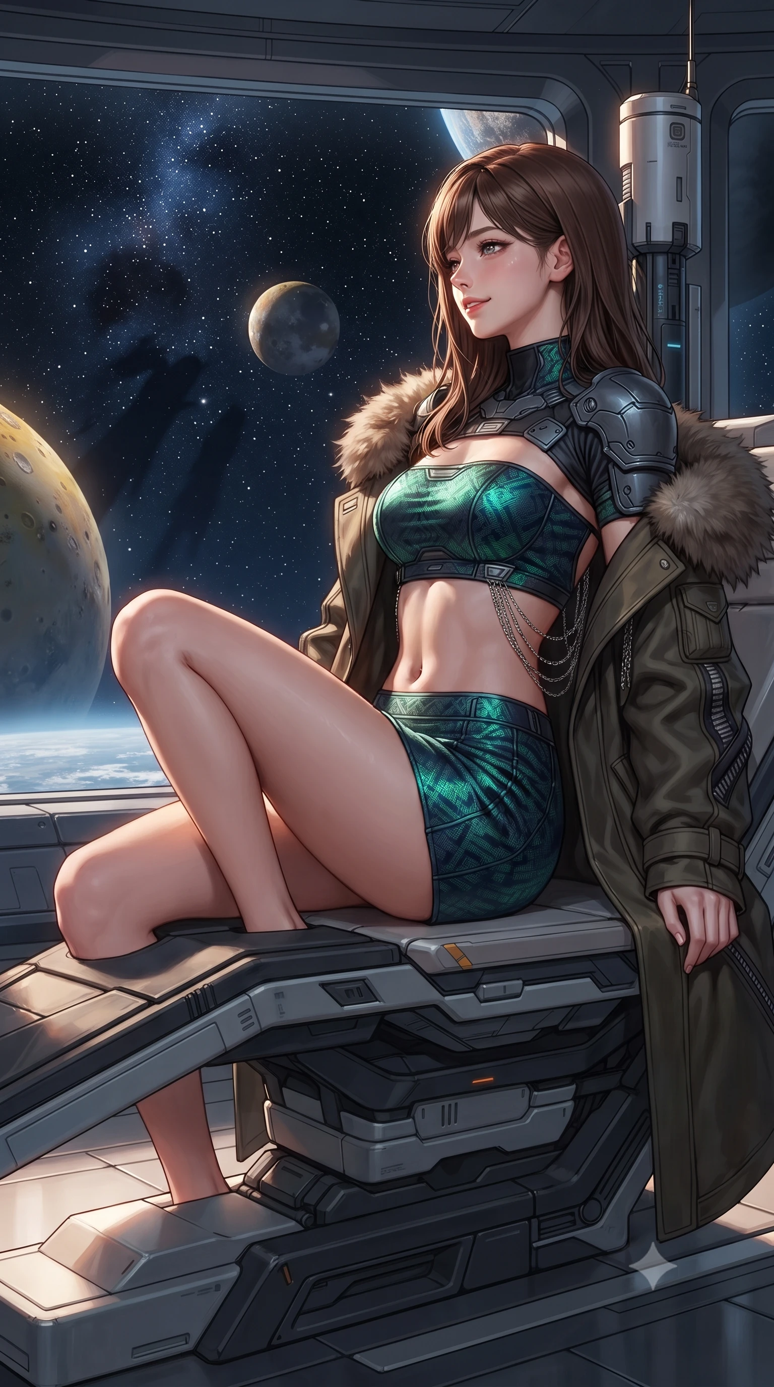 score_9, masterpiece, best quality, ultra-detailed, high-budget anime keyframe, editorial fashion photography, tasteful artistic composition, Korean woman. close-up cowboy shot from the waist and thighs up, the character dominates the composition, filling the frame with her large presence. perched sideways on the lounge seat, one knee drawn up to showcase her slender leg line while her arched back accentuates her feminine hip curve while leaning against the thermal sensor mast with hips cocked back, looking through the deep starfield at the dancing shadows of Io and Ganymede with heavy-lidded bedroom-eyes. The surrounding environment is rendered in vivid detail and crisp panoramic clarity: detailed thermal officer coat tailoring, fur-trimmed collar, and monumental planetary scale in razor-sharp precision. She has an exceptionally elegant, slender, and willowy female figure with an ultra-slim waist, flat toned midriff, narrow ribcage, and sculpted feminine hips creating an alluring, slim hourglass silhouette without bulk. sharp v-shaped jawline, high-bridge nose, intricate jewel-like sparkling eyes with depth, thick eyelashes, glossy parted lips with a natural peach sheen, bright cheerful beaming smile with an enchanting and coquettish sensual glint, exuding both youthful cute charm and seductive allure, flawlessly proportioned anatomical accuracy, strict slender model proportions, natural body alignment, perfectly sculpted long slender limbs, ultra-slim waistline, clean dynamic posture without body distortion. wearing an ultra-cropped tactical tech-wear bandeau top with molded shoulder armor paired with a micro mini skirt revealing her flat toned midriff in bioluminescent emerald and abyssal sapphire, woven from structured carbon-fiber jacquard with rich textural depth, accented with an open-back drape framed by falling strands of delicate chrome chains, the second-skin tailored fabric adhering flawlessly to her sculpted flat midriff and slender torso, emphasizing her long leg lines and perfectly proportioned willowy build. illuminated by snow reflection bounce and sharp Jupiter-amber rim lights sculpting her razor-sharp jawline, narrow waist, and curvy hips. ultra-reflective glossy finish, specular highlights, rich textural contrasts, high-contrast stereoscopic depth, volumetric dynamic lighting, 2k, ultra detail, master piece, 9:16 ratio
