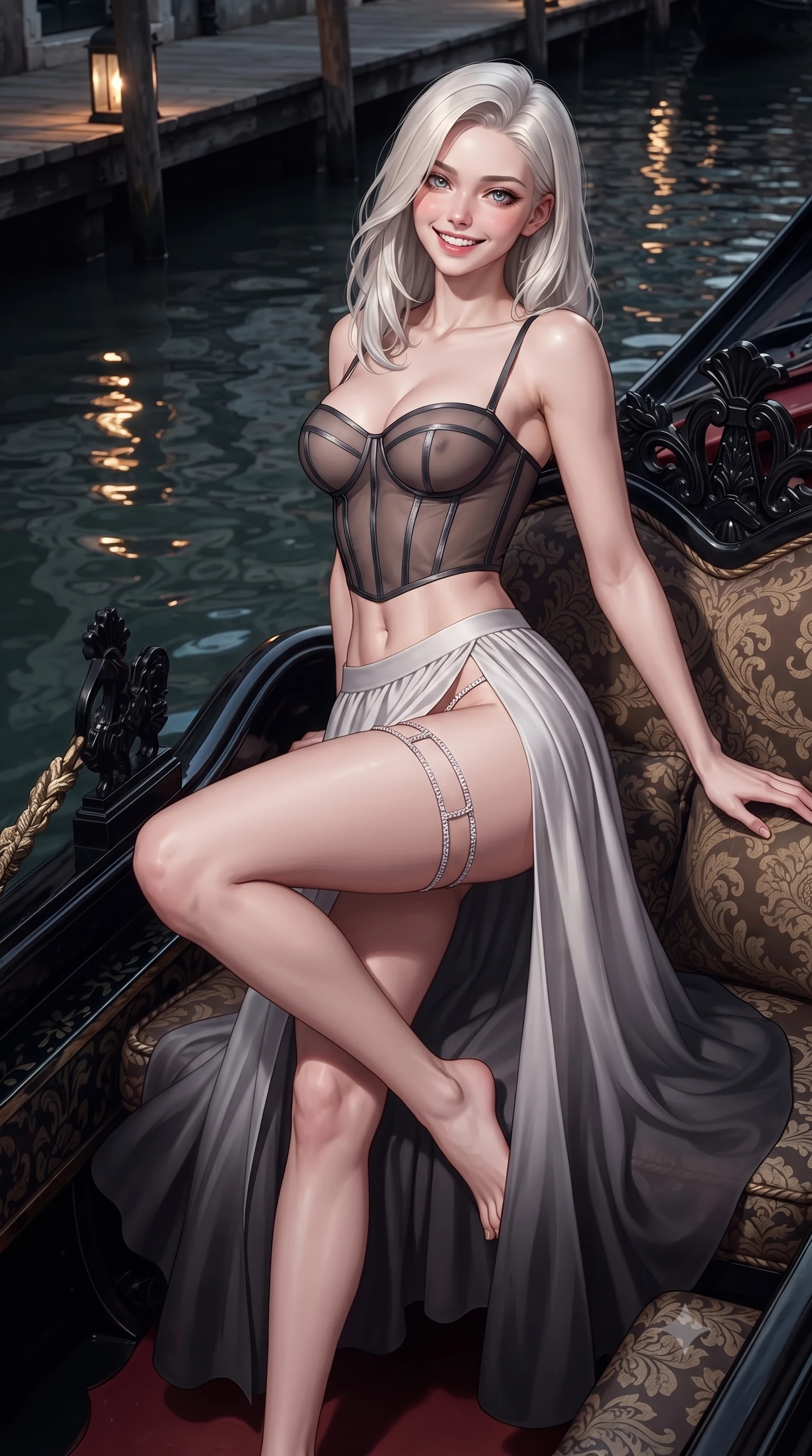 score_9, masterpiece, best quality, ultra-detailed, high-budget anime keyframe, editorial fashion photography, tasteful artistic composition, Caucasian woman. close-up cowboy shot from the waist and thighs up, the character dominates the composition, filling the frame with her large presence. perched sideways on the lounge seat, one knee drawn up to showcase her slender leg line while her arched back accentuates her feminine hip curve while twisting her slender torso in an alluring contrapposto stance, lantern light reflecting in dark canal waters across her flat midriff. The surrounding environment is rendered in vivid detail and crisp panoramic clarity: sharp carved black wood ferro prow decorations, weathered wood pontoon planks, and woven damask textile patterns in deep focus. She has an exceptionally elegant, slender, and willowy female figure with an ultra-slim waist, flat toned midriff, narrow ribcage, and sculpted feminine hips creating an alluring, slim hourglass silhouette without bulk. sharp v-shaped jawline, high-bridge nose, intricate jewel-like sparkling eyes with depth, thick eyelashes, glossy parted lips with a natural peach sheen, bright cheerful beaming smile with an enchanting and coquettish sensual glint, exuding both youthful cute charm and seductive allure, flawlessly proportioned anatomical accuracy, strict slender model proportions, natural body alignment, perfectly sculpted long slender limbs, ultra-slim waistline, clean dynamic posture without body distortion. wearing a provocative translucent mesh corset bodice with boned satin channels paired with a sheer chiffon wrap maxi skirt in Hollywood starlight platinum and smoky charcoal, tailored from ultra-plush silk velvet with rich tactile depth and deep shadow gradients, finished with delicate crystal-encrusted thigh garter straps glinting in the dim light, the high-slit wrap tailoring accentuating her ultra-slim waistline and the enchanting curve of her feminine hips with alluring seductive charm. illuminated by water surface specular bounce and sharp flame-gold rim lights defining her razor-sharp jawline, narrow waist, and curvy hips. ultra-reflective glossy finish, specular highlights, rich textural contrasts, high-contrast stereoscopic depth, volumetric dynamic lighting, 2k, ultra detail, master piece, 9:16 ratio