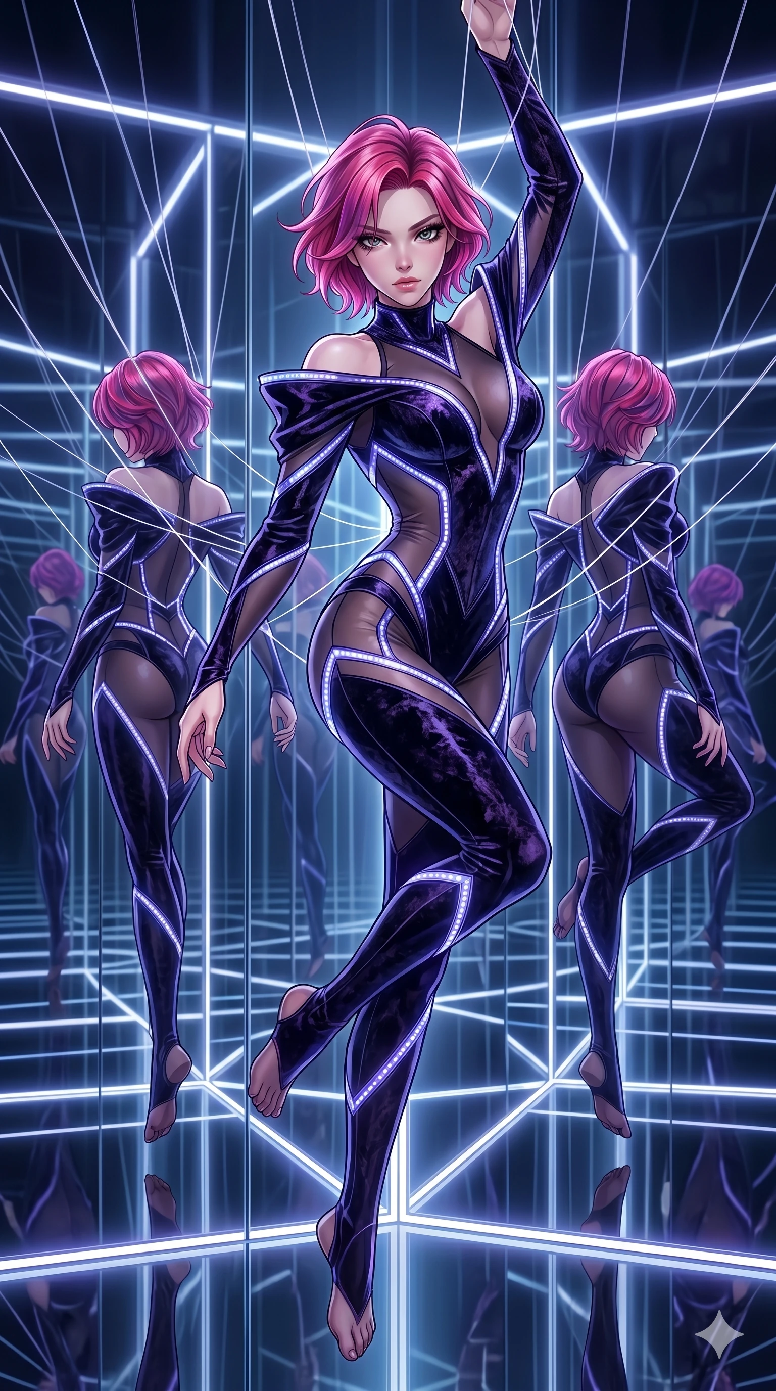 score_9, masterpiece, best quality, ultra-detailed, High-budget Anime Keyframe, East Asian woman. Dynamic full-body shot stretching the vertical silhouette to the limit. Scenario 156: Suspended by invisible silk threads in a hall of mirrors. Her presence is magnetic and overpowering in this high-budget anime scene. Outfit 156: A crushed dark velvet mesh with a low-cut shoulder and glowing LED seams. The clothing is designed to emphasize her exceptionally tall and slender 8-heads proportion. 8-heads proportion, towering silhouette, ultra-slim waist. sharp v-shaped jawline, intricate jewel-like eyes with depth, thick eyelashes, glossy lips. 2k, ultra detail, master piece, 9:16 ratio