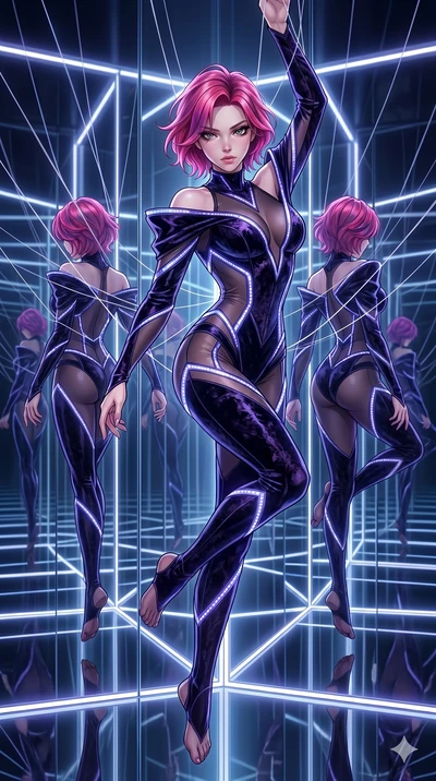 score_9, masterpiece, best quality, ultra-detailed, High-budget Anime Keyframe, East Asian woman. Dynamic full-body shot stretching the vertical silhouette to the limit. Scenario 156: Suspended by invisible silk threads in a hall of mirrors. Her pres