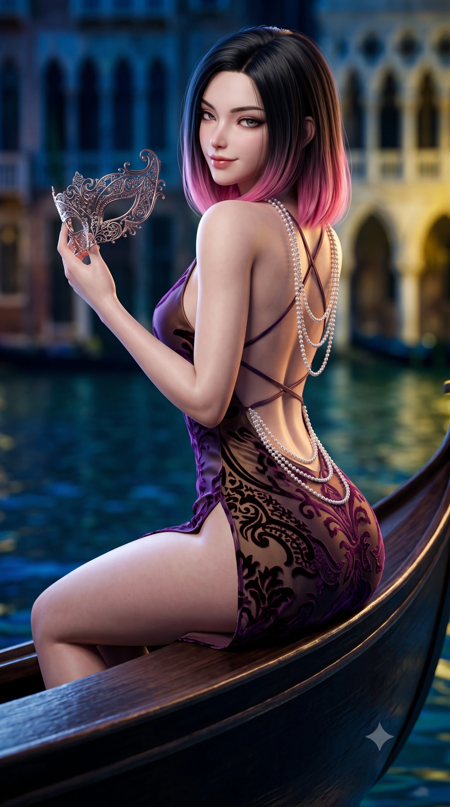 score_9, masterpiece, best quality, ultra-detailed, high-budget anime keyframe, semi-realistic 3D game render, editorial fashion photography, tasteful artistic composition, Korean woman. close-up cowboy shot from the waist and thighs up, the character dominates the composition, filling the frame with her large presence. leaning back with relaxed seductive grace, her sculpted collarbones and narrow waist highlighted as she casts smoldering bedroom-eyes directly into the camera while perching sideways on the polished wood gondola gunwale, looking back over a bare shoulder with an alluring, teasing smile as she holds an ornate filigree mask. The composition keeps background elements in soft focus with creamy bokeh. moonlit Grand Canal waters and distant Venetian palazzo arches blurred into deep sapphire, antique gold, and emerald bokeh. She has an exceptionally elegant, slender, and willowy female figure with an ultra-slim waist, flat toned midriff, narrow ribcage, and sculpted feminine hips creating an alluring, slim hourglass silhouette without bulk. sharp v-shaped jawline, high-bridge nose, intricate jewel-like eyes with depth, thick eyelashes, glossy parted lips with a natural sheen, intensely captivating and seductive bedroom-eyes expression, flawlessly proportioned anatomical accuracy, strict slender model proportions, natural body alignment, perfectly sculpted long slender limbs, ultra-slim waistline, clean dynamic posture without body distortion. wearing a backless cowl-neck satin slip dress featuring high-cut side hip slits and delicate criss-cross back straps in deep plum violet and antique bronze, made of sheer contouring power-mesh with velvet flocking patterns, accented with a multi-strand pearl back necklace cascading down her bare spine to her hips, the second-skin form-contouring cut accentuating her sculpted flat midriff, narrow delicate ribcage, and gracefully curvy hips with supermodel precision. surrounded by an aristocratic, scandalous, and breathlessly captivating Venetian siren aura. highly saturated vibrant anime colors, detailed shading with soft gradients, rich glossy textures, high-contrast stereoscopic depth, volumetric dynamic lighting, master piece, 9:16 ratio