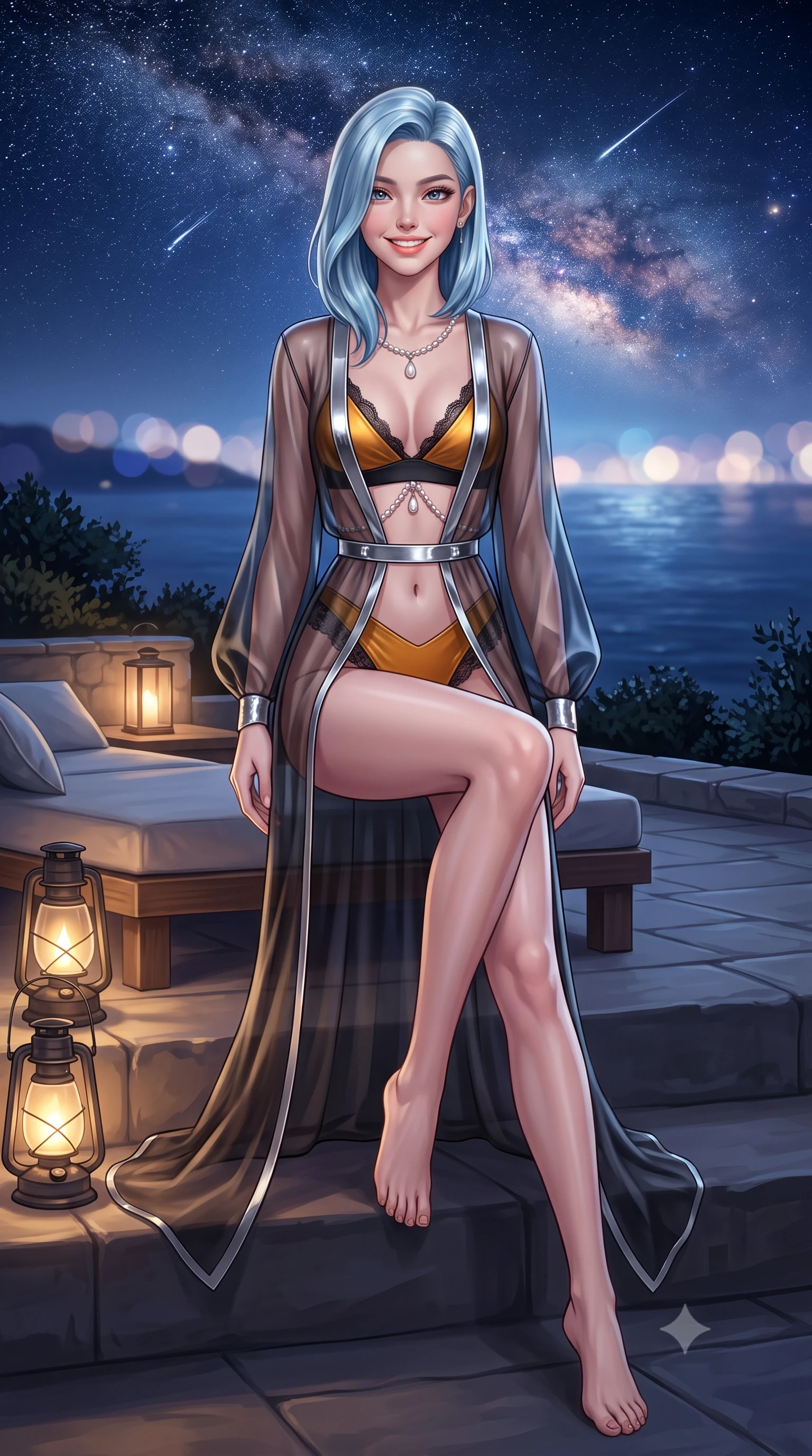 score_9, masterpiece, best quality, ultra-detailed, high-budget anime keyframe, semi-realistic 3D game render, editorial fashion photography, tasteful artistic composition, Korean woman. low angle full-body shot from head to toe showing her feet, filling the entire 9:16 vertical frame with her statuesque presence, stretching her vertical silhouette. sitting poised on the stone steps with one knee bent, arching her spine with supermodel elegance as she glances upward through thick eyelashes while twisting her slender torso in an alluring S-curve beside the outdoor daybed, starlight and hurricane lamp glow tracing her narrow waist and hips. The background shows a soft-focus vast panorama of the open Mediterranean Sea stretching to the horizon, shooting stars streaking across dense Milky Way starfields, and cliff edge shrubs blurred into indigo, diamond, and cream bokeh. She has an exceptionally tall and slender model-like 8.5-heads proportion, an ultra-slim waist, a flat toned midriff, narrow delicate ribcage, and beautifully sculpted feminine hips creating a graceful, slim hourglass silhouette without any bulky heaviness, with impossibly long slender legs. sharp v-shaped jawline, high-bridge nose, intricate jewel-like sparkling eyes with depth, thick eyelashes, glossy parted lips with a natural peach sheen, bright cheerful beaming smile with an enchanting and coquettish sensual glint, exuding both youthful cute charm and seductive allure, flawlessly proportioned anatomical accuracy, strict slender model proportions, natural body alignment, perfectly sculpted long slender limbs, ultra-slim waistline, clean dynamic posture without body distortion. wearing a delicate sheer organza futuristic caftan with metallic chrome accents worn open over a micro liquid-metal bralette in Hakone steaming sulfur amber and volcanic basalt black, made of delicate semi-sheer French Chantilly lace with intricate eyelash edges, accented with a pearl-drop body harness subtly framing her dewy collarbones and spine, the liquid-tight tailored fabric clinging flawlessly to her narrow waist and rounded feminine hips, emphasizing every millimeter of her sculpted slim hourglass curves without any bulky heaviness. illuminated by white stucco bounce fill and sharp starlight-platinum rim lights defining her dewy collarbones, ultra-slim waist, and curvy hips. highly saturated vibrant anime colors, detailed shading with soft gradients, rich glossy textures, high-contrast stereoscopic depth, volumetric dynamic lighting, master piece, 9:16 ratio