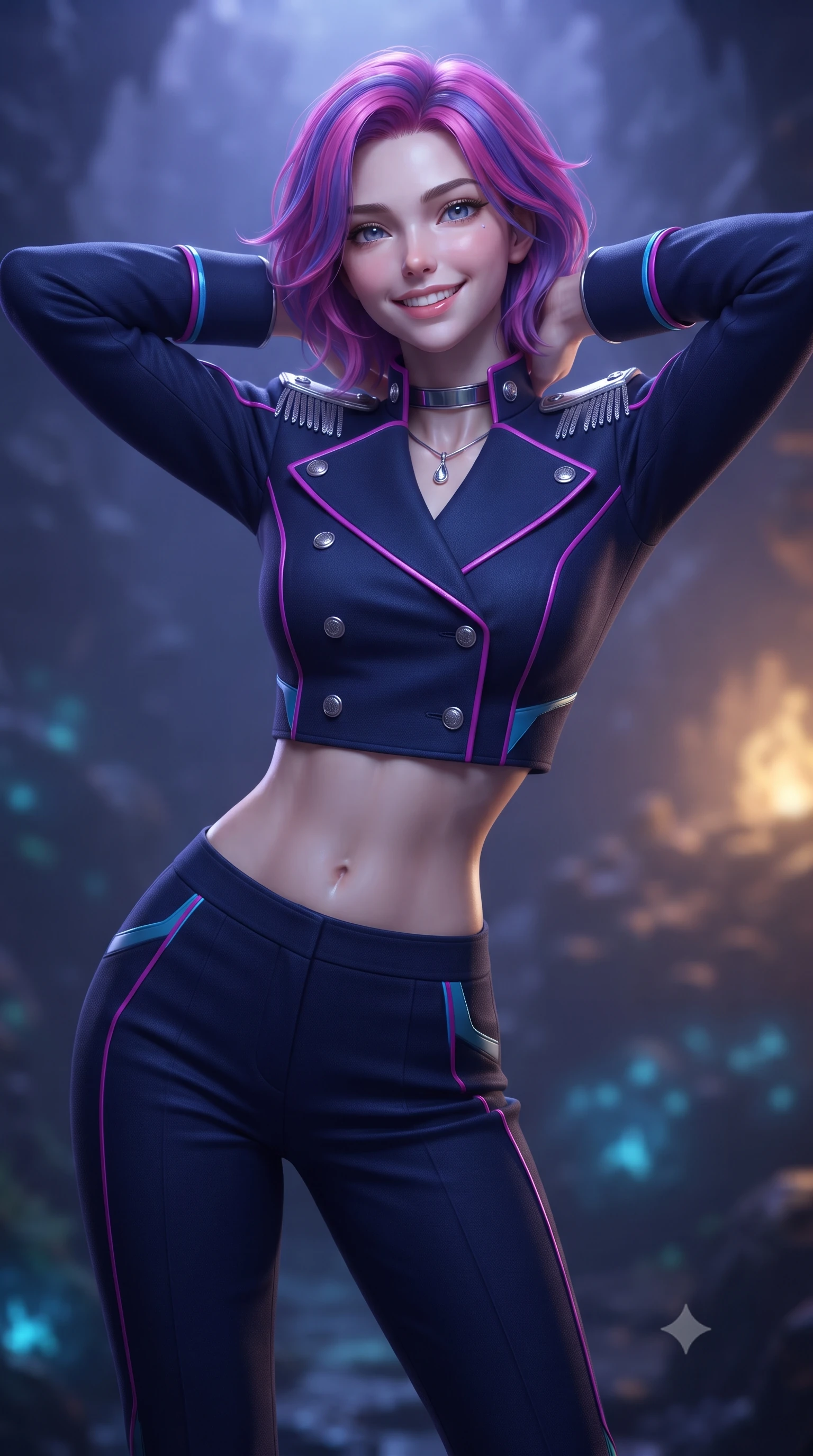 score_9, masterpiece, best quality, ultra-detailed, high-budget anime keyframe, editorial fashion photography, tasteful artistic composition, Caucasian woman. close-up cowboy shot from the waist and thighs up, the character dominates the composition, filling the frame with her large presence. resting both hands lightly behind her neck with elbows raised, arching her spine to highlight her narrow waist, flat midriff, and breathtaking collarbones while twisting her slender torso in an alluring contrapposto stance, golden mineral vent heat plumes and blue bioluminescence playing across her narrow waist and curvy hips. The background shows a soft-focus condensing humidity mist softened in Europa abyssal research base shallow focus. She has an exceptionally elegant, slender, and willowy female figure with an ultra-slim waist, flat toned midriff, narrow ribcage, and sculpted feminine hips creating an alluring, slim hourglass silhouette without bulk. sharp v-shaped jawline, high-bridge nose, intricate jewel-like sparkling eyes with depth, thick eyelashes, glossy parted lips with a natural peach sheen, bright cheerful beaming smile with an enchanting and coquettish sensual glint, exuding both youthful cute charm and seductive allure, flawlessly proportioned anatomical accuracy, strict slender model proportions, natural body alignment, perfectly sculpted long slender limbs, ultra-slim waistline, clean dynamic posture without body distortion. wearing a tailored orbital navy officer dress uniform featuring a structured double-breasted coat with silver epaulets, high mandarin collar, and matching pressed slacks in Shinjuku acid-rain magenta and cyan neon, crafted from bespoke double-faced cashmere with an exceptionally soft tactile finish, finished with a minimalist chrome choker and a single teardrop diamond pendant, the bespoke structured tailoring following the natural line of her 8.5-heads silhouette with refined elegance. bathed in deep ocean blue-violet ambient light mixed with warm 2200K golden geothermal vent radiance. ultra-reflective glossy finish, specular highlights, rich textural contrasts, high-contrast stereoscopic depth, volumetric dynamic lighting, 2k, ultra detail, master piece, 9:16 ratio