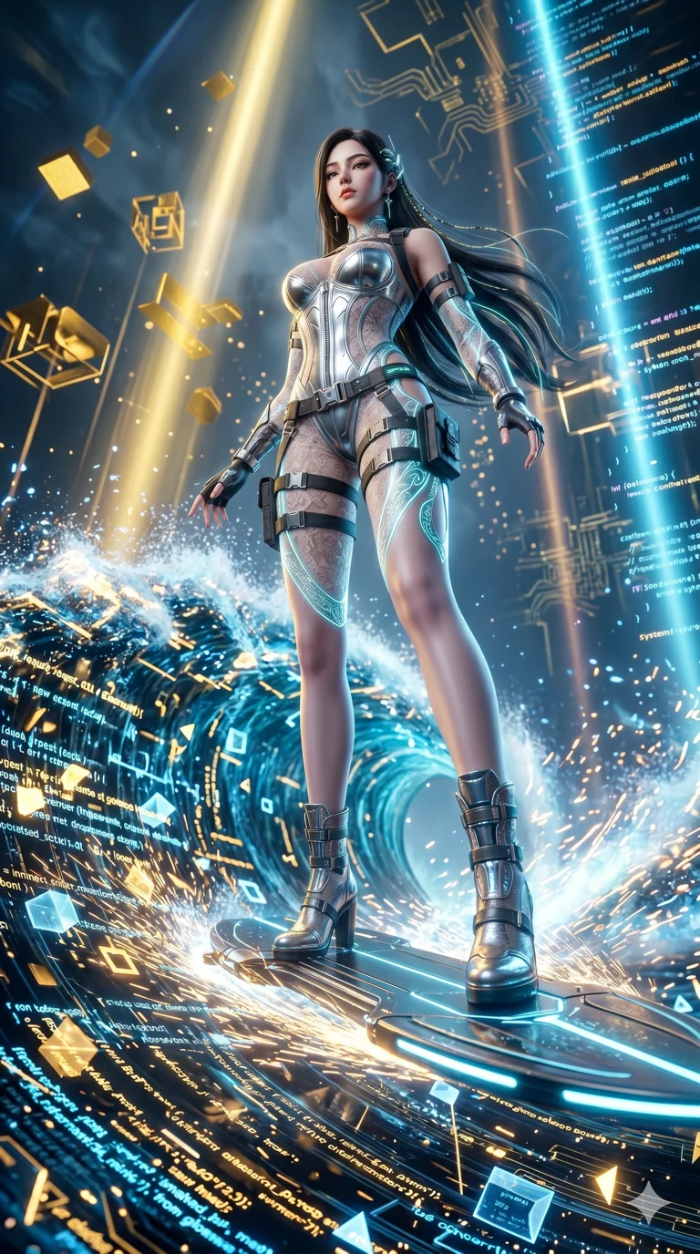 score_9, masterpiece, best quality, ultra-detailed, Semi-realistic 3D Game Render, high-fidelity character model, intricate armor textures, dynamic particle effects, Unreal Engine 5 aesthetic, crisp 3D depth, Korean woman with idol-like refined features. Dramatic low angle looking up at her majestic stature, dominating the vertical space of the composition. Surfing on a massive wave of pure data within a virtual world, the landscape changing rapidly as she speeds through. She has an absolutely perfect 8-heads proportion, an exceptionally tall and slender female figure with impossibly long slender legs and an ultra-slim waist, her statuesque height and towering silhouette dominating the vertical 9:16 frame. Her face is a masterpiece featuring a sharp v-shaped jawline, high-bridge nose, intricate jewel-like eyes with depth, thick eyelashes, and glossy lips with a natural sheen. She is wearing a Chrome-plated corset over a sheer lace base with tactical straps and metallic buckles crafted from Bioluminescent silk that emits a soft, ethereal glow from within the fabric, featuring strategic side cut-outs that emphasize her ultra-slim waist and hips. The scene is set in an abstract digital void with floating golden geometric shapes and rivers of flowing code, illuminated by volumetric light beams cutting through a hazy atmosphere, creating a sense of depth. 2k, ultra detail, master piece, 9:16 ratio