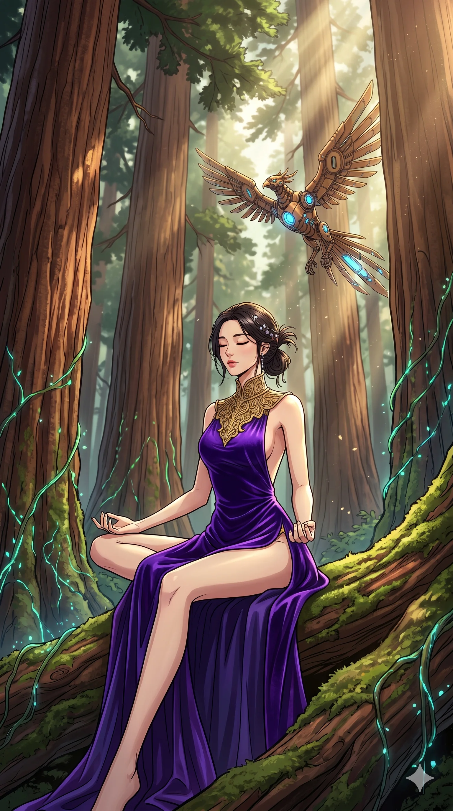 score_9, masterpiece, best quality, ultra-detailed, Set A: High-budget Anime Keyframe, Korean woman. Low angle cowboy shot filling the entire 9:16 frame with her statuesque presence. Theme: Primal Nature. meditating in a giant redwood forest with glowing vines, while a mechanical phoenix rises in the background marked 0. The atmosphere is filled with cinematic sunlight through leaves. She has an absolutely perfect 8-heads proportion, an exceptionally tall and slender female figure with impossibly long slender legs and an ultra-slim waist. Sharp v-shaped jawline, high-bridge nose, intricate jewel-like eyes with depth, glossy lips. Wearing Royal purple velvet gown with a massive gold-engraved neck-piece and open sides. Cinematic lighting, vivid colors, dramatic shadows, 2k, ultra detail, master piece, 9:16 ratio