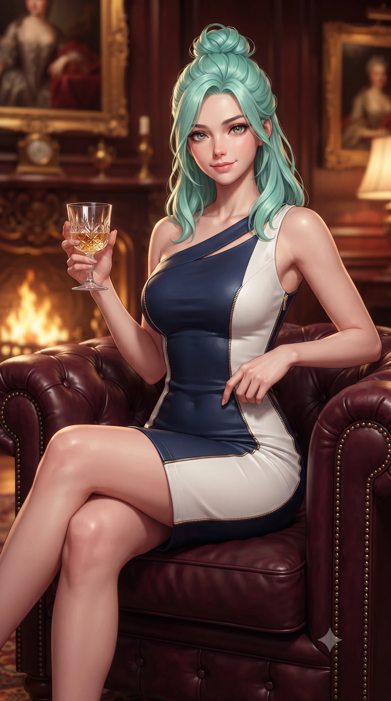 score_9, masterpiece, best quality, ultra-detailed, high-budget anime keyframe, editorial fashion photography, tasteful artistic composition, Japanese woman. close-up cowboy shot from the waist and thighs up, the character dominates the composition, filling the frame with her large presence. standing poised with hips cocked slightly to the side, one hand tracing her cinched waistline while casting an affectionate warm glance while relaxing comfortably in a deep tufted burgundy Chesterfield armchair with legs crossed, holding a crystal glass with a knowing smile. The background shows a soft-focus flickering golden firelight from ornate hearth, oil paintings in gilded rococo frames, and rich wood wall paneling blurred into mahogany, crimson, and gold bokeh. She has an exceptionally elegant, slender, and willowy female figure with an ultra-slim waist, flat toned midriff, narrow ribcage, and sculpted feminine hips creating an alluring, slim hourglass silhouette without bulk. sharp v-shaped jawline, high-bridge nose, intricate jewel-like sparkling eyes with depth, thick eyelashes, glossy parted lips with a natural peach sheen, bright cheerful beaming smile with an enchanting and coquettish sensual glint, exuding both youthful cute charm and seductive allure, flawlessly proportioned anatomical accuracy, strict slender model proportions, natural body alignment, perfectly sculpted long slender limbs, ultra-slim waistline, clean dynamic posture without body distortion. wearing an elegant fitted liquid crepe cocktail sheath dress with an asymmetric neckline tracing her delicate collarbones and narrow waist in French navy blue and crisp alabaster white, crafted from liquid-tight stretch cashmere knit clinging flawlessly to every curve with silky softness, featuring fine gold zipper details tracing the vertical spine and contour seams, the body-conscious tailored knit hugging her sculpted torso and curvaceous hips in a seamless, fluid line that highlights her statuesque model proportions. bathed in the rich, dancing warm 2400K hearth glow from the roaring fireplace mixed with soft brass floor lamp pools. ultra-reflective glossy finish, specular highlights, rich textural contrasts, high-contrast stereoscopic depth, volumetric dynamic lighting, 2k, ultra detail, master piece, 9:16 ratio