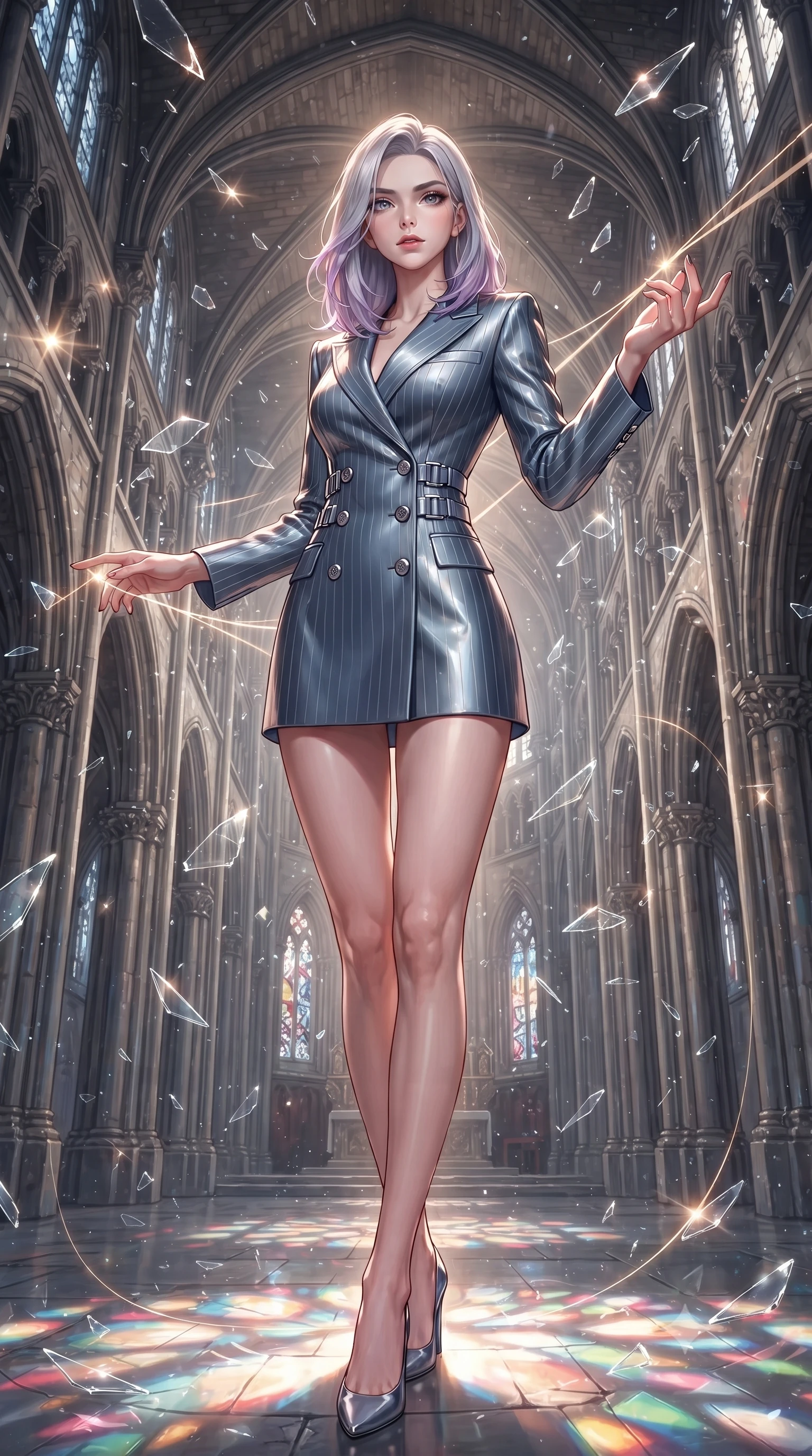 score_9, masterpiece, best quality, ultra-detailed, high-budget anime keyframe, editorial fashion photography, tasteful artistic composition, Caucasian woman. low angle full-body shot from head to toe showing her feet, filling the entire 9:16 vertical frame with her statuesque presence, stretching her vertical silhouette. interacting gracefully with the magical floating elements while maintaining a confident posture guiding glowing choir light threads weaving through majestic vaulted arches, shattered glass shards catching bright specular highlights in mid-air. She has an absolutely perfect, statuesque 8.5-heads proportion, an exceptionally tall and slender model-like female figure with impossibly long slender legs and an ultra-slim waist. sharp v-shaped jawline, high-bridge nose, intricate jewel-like eyes with depth, thick eyelashes, glossy lips with a natural sheen. wearing a double-breasted blazer dress with metallic pin-stripes in slate blue and metallic silver, formed from sleek second-skin neoprene, detailed with polished silver buckles along the waistline, the tailored fabric tightly following every curve of her athletic build. lit by bright sunbursts creating vivid, saturated color projections. ultra-reflective glossy finish, specular highlights, metallic sheen, high-contrast stereoscopic depth, volumetric dynamic lighting, 2k, ultra detail, master piece, 9:16 ratio