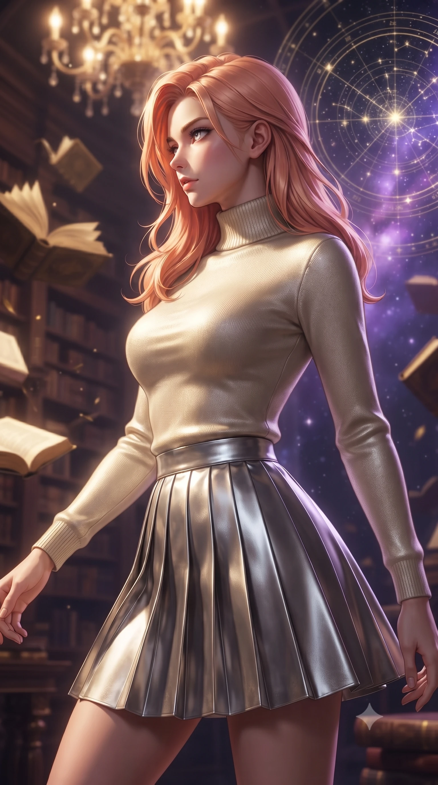 score_9, masterpiece, best quality, ultra-detailed, high-budget anime keyframe, editorial fashion photography, tasteful artistic composition, Japanese woman woman. close-up cowboy shot from the waist and thighs up, the character dominates the composition, filling the frame with her large presence, background elements kept in soft focus. She has an exceptionally elegant, slender, and willowy female figure with an ultra-slim waist, a gracefully sculpted slender torso, and a refined silhouette. turning her head in a sharp dramatic profile against the key light, her eyes glowing with calm focus, flawlessly proportioned anatomical accuracy, natural body alignment, perfectly sculpted elegant limbs, clean dynamic posture without body distortion. set against a soft-focus background of a grand baroque library with floating golden books and star charts. wearing an elegant high-neck cashmere sweater with a pleated metallic silver A-line skirt. bathed in warm ambient chandelier glow contrasting with deep space nebula purple light. ultra-reflective glossy finish, specular highlights, metallic sheen, high-contrast stereoscopic depth, volumetric dynamic lighting, 2k, ultra detail, master piece, 9:16 ratio