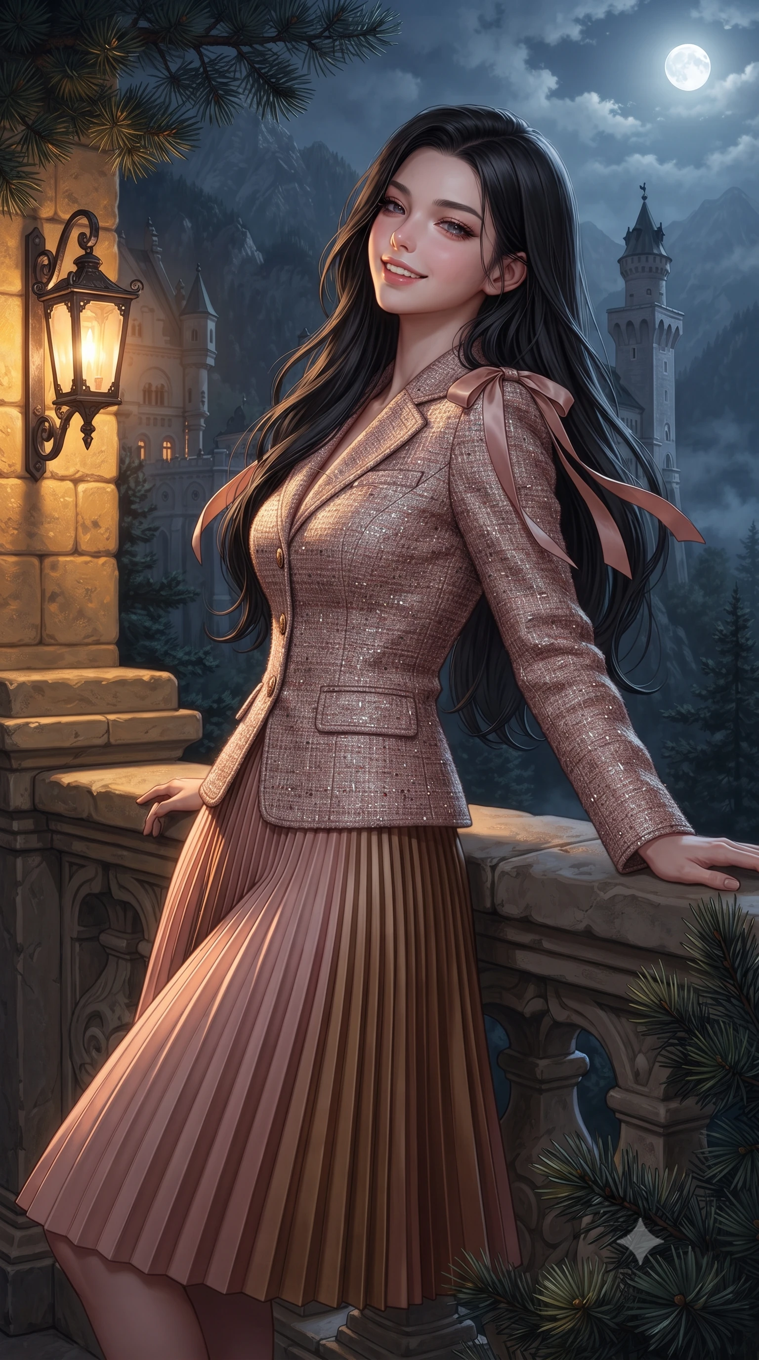 score_9, masterpiece, best quality, ultra-detailed, high-budget anime keyframe, editorial fashion photography, tasteful artistic composition, Korean woman. close-up cowboy shot from the waist and thighs up, the character dominates the composition, filling the frame with her large presence. leaning back against the balustrade with relaxed seductive grace, head tilted back slightly while casting a hypnotic, heavy-lidded gaze while leaning against the carved stone crenelation with hips cocked back, looking out over the moonlit Bavarian alpine wilderness with heavy-lidded bedroom-eyes. The surrounding environment is rendered in vivid detail and crisp panoramic clarity: sharp golden-yellow limestone castle wall masonry, hand-forged iron lantern brackets, and dark alpine pine needle textures in deep focus. She has an exceptionally elegant, slender, and willowy female figure with an ultra-slim waist, flat toned midriff, narrow ribcage, and sculpted feminine hips creating an alluring, slim hourglass silhouette without bulk. sharp v-shaped jawline, high-bridge nose, intricate jewel-like sparkling eyes with depth, thick eyelashes, glossy parted lips with a natural peach sheen, bright cheerful beaming smile with an enchanting and coquettish sensual glint, exuding both youthful cute charm and seductive allure, flawlessly proportioned anatomical accuracy, strict slender model proportions, natural body alignment, perfectly sculpted long slender limbs, ultra-slim waistline, clean dynamic posture without body distortion. wearing a structured Seville damask brocade riding jacket paired with an A-line accordion pleated midi skirt in rose-quartz blush and antique burnished brass, woven from structured British tweed with subtle metallic flecks, finished with satin ribbon ties at the shoulders fluttering in the gentle breeze, the impeccably tailored cut draping gracefully along her slender figure with aristocratic poise. bathed in the romantic amber 2400K iron lantern glow mixed with silver alpine moonlight and mist. ultra-reflective glossy finish, specular highlights, rich textural contrasts, high-contrast stereoscopic depth, volumetric dynamic lighting, 2k, ultra detail, master piece, 9:16 ratio