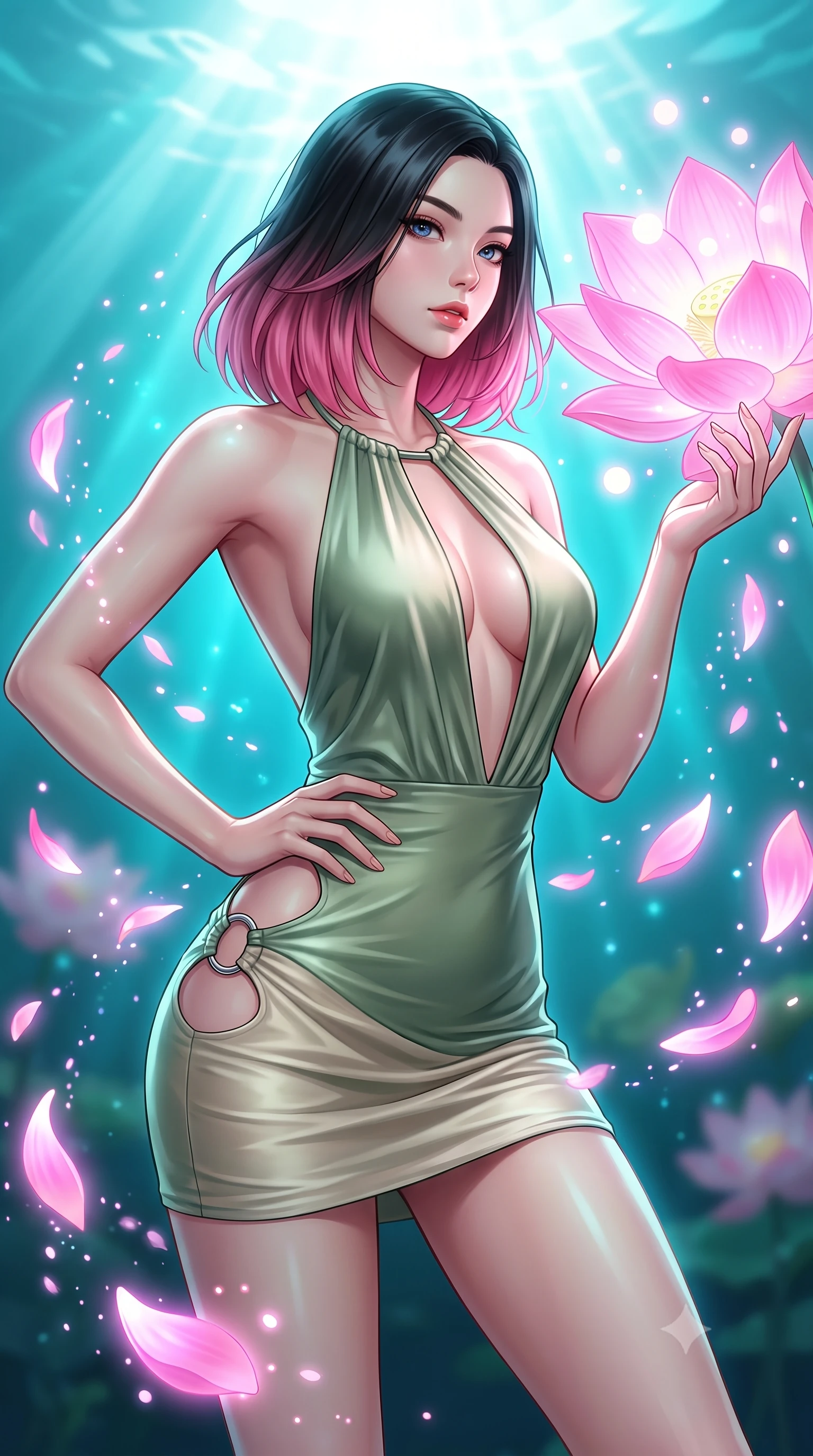 score_9, masterpiece, best quality, ultra-detailed, high-budget anime keyframe, editorial fashion photography, tasteful artistic composition, Korean woman. close-up cowboy shot from the waist and thighs up, the character dominates the composition, filling the frame with her large presence, background elements kept in soft focus. Holding a powerful dynamic pose with one hand on her hip and body angled dramatically toward the key light while reaching out to touch a giant bioluminescent pink lotus flower emitting soft light orbs, glowing pink lotus petals scattering soft bioluminescent spores around her silhouette. She has an exceptionally elegant, slender, and willowy female figure with an ultra-slim waist, a gracefully sculpted slender torso, and a refined silhouette. sharp v-shaped jawline, high-bridge nose, intricate jewel-like eyes with depth, thick eyelashes, glossy lips with a natural sheen, flawlessly proportioned anatomical accuracy, natural body alignment, perfectly sculpted elegant limbs, clean dynamic posture without body distortion. wearing a deep-scoop halter bodycon dress with hip cutouts connected by silver rings in sage green and oatmeal, crafted from lustrous satin jersey with fluid draping, accented with a Tasteful chest slit framing her clavicle gracefully, the sleek second-skin texture accentuating her magnetic presence. bathed in brilliant underwater sunbursts and luminous turquoise caustic glow. highly saturated vibrant anime colors, detailed shading with soft gradients, rich glossy textures, high-contrast stereoscopic depth, volumetric dynamic lighting, master piece, 9:16 ratio