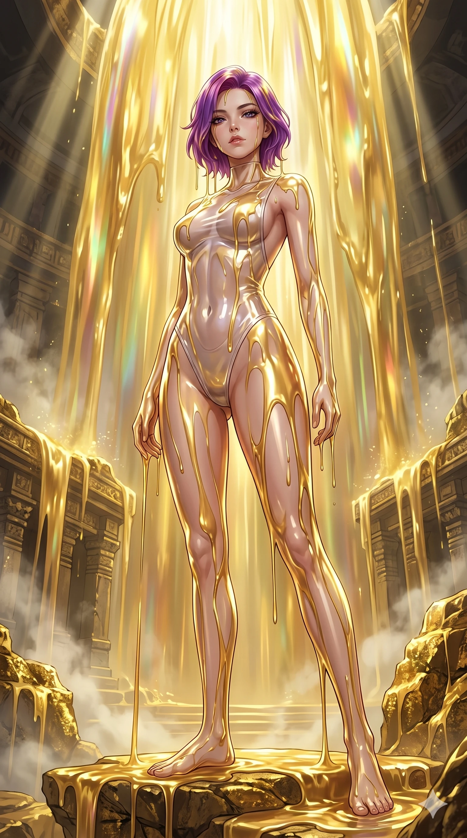 score_9, masterpiece, best quality, ultra-detailed, High-budget Anime Keyframe, East Asian woman. Low angle cowboy shot filling the entire 9:16 frame with her statuesque presence. Scenario 139: Standing under a waterfall of liquid gold, the fluid coating her form. Her presence is magnetic and overpowering in this high-budget anime scene. Outfit 139: A translucent PVC sheer with a backless design and tight-fitting silhouette. The clothing is designed to emphasize her exceptionally tall and slender 8-heads proportion. 8-heads proportion, towering silhouette, ultra-slim waist. sharp v-shaped jawline, intricate jewel-like eyes with depth, thick eyelashes, glossy lips. 2k, ultra detail, master piece, 9:16 ratio