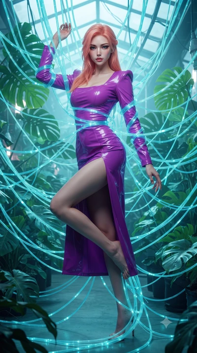 score_9, masterpiece, best quality, ultra-detailed, High-budget Anime Keyframe, editorial fashion photography, tasteful artistic composition, realistic cosplay photography, East Asian woman. Dynamic full-body shot stretching the vertical silhouette t
