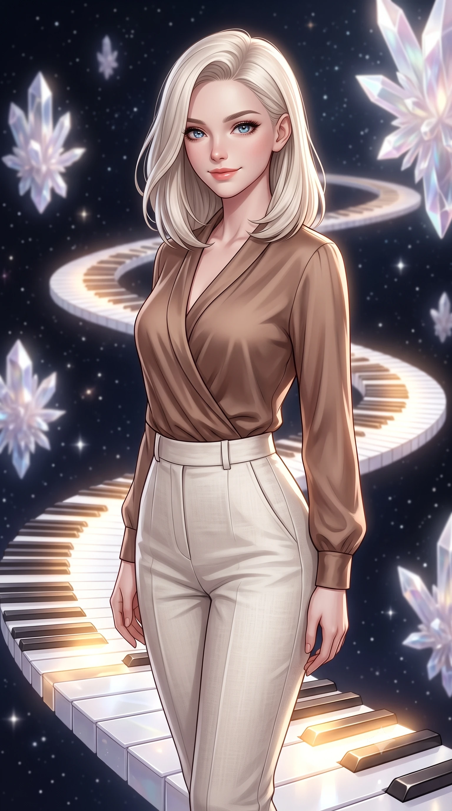 score_9, masterpiece, best quality, ultra-detailed, high-budget anime keyframe, editorial fashion photography, tasteful artistic composition, Caucasian woman, strictly human ears. close-up cowboy shot from the waist and thighs up, the character dominates the composition, filling the frame with her large presence, background elements kept in soft focus. Casting a soft, warm, affectionate smile with glowing eyes. set against a soft-focus background of on a floating path of white quartz piano keys that glow with warm golden light when stepped on, winding through a dark starry void. She has an exceptionally elegant, slender, and willowy female figure with a highly-defined ultra-slim waist, a gracefully sculpted slender torso, and a refined slim-fit silhouette that contours her form. sharp v-shaped jawline, high-bridge nose, intricate jewel-like eyes with depth, thick eyelashes, glossy lips with a natural sheen. wearing a wrap-style silk blouse in a warm mocha shade, tucked into high-waisted ivory linen trousers. ethereal pearlescent light emanating from floating crystalline formations all around. 2k, ultra detail, master piece, 9:16 ratio
