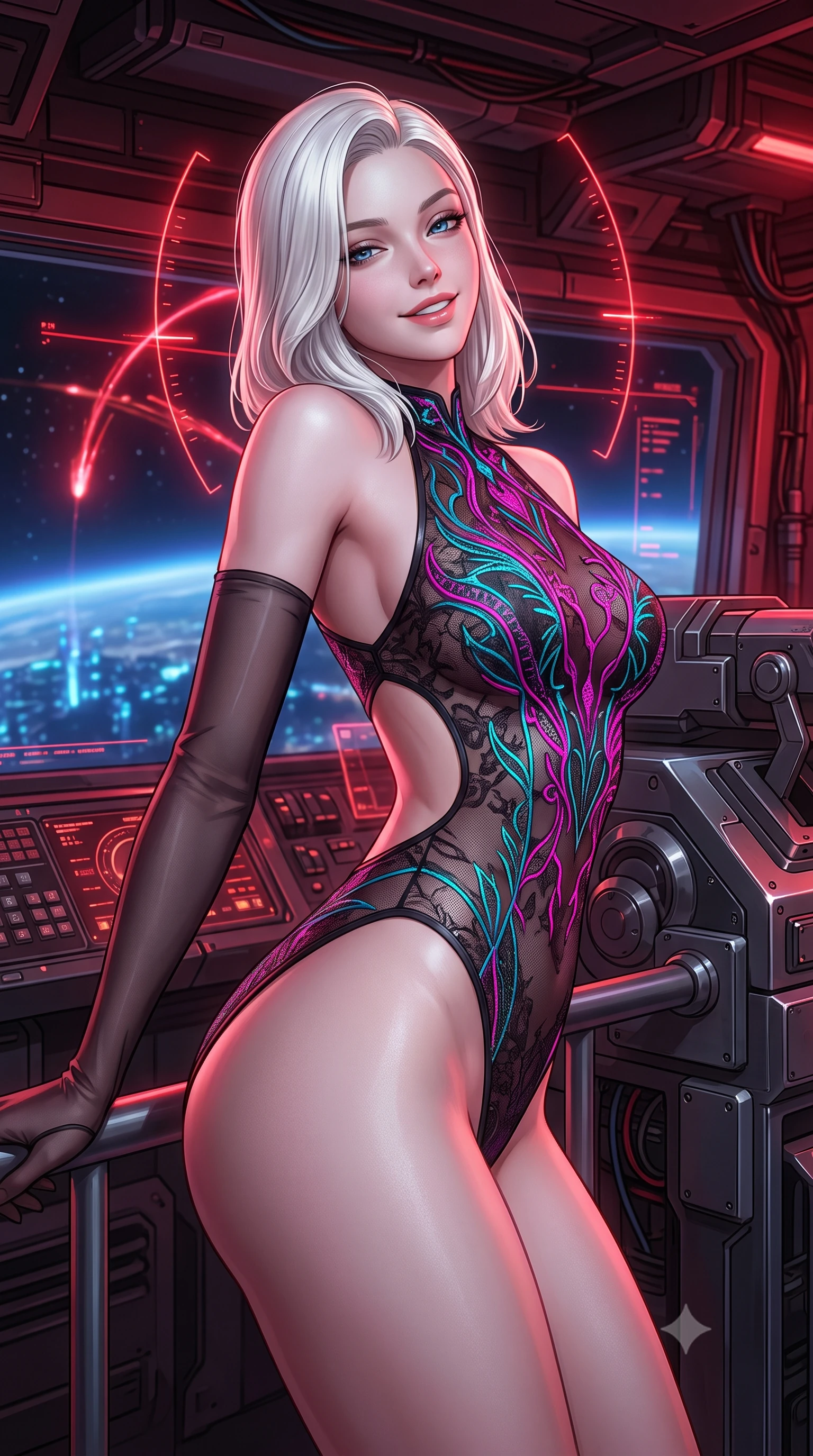 score_9, masterpiece, best quality, ultra-detailed, high-budget anime keyframe, semi-realistic 3D game render, editorial fashion photography, tasteful artistic composition, Caucasian woman. close-up cowboy shot from the waist and thighs up, the character dominates the composition, filling the frame with her large presence. leaning back against the balustrade with relaxed seductive grace, head tilted back slightly while casting a hypnotic, heavy-lidded gaze while leaning against the heavy gunnery console with hips cocked back, looking through glowing red holographic firing arcs with intoxicated smoldering bedroom-eyes. The surrounding environment is rendered in vivid detail and crisp panoramic clarity: detailed anime combat styling, glossy highlights, and heavy military orbital hardware in high resolution. She has an exceptionally elegant, slender, and willowy female figure with an ultra-slim waist, flat toned midriff, narrow ribcage, and sculpted feminine hips creating an alluring, slim hourglass silhouette without bulk. sharp v-shaped jawline, high-bridge nose, intricate jewel-like sparkling eyes with depth, thick eyelashes, glossy parted lips with a natural peach sheen, bright cheerful beaming smile with an enchanting and coquettish sensual glint, exuding both youthful cute charm and seductive allure, flawlessly proportioned anatomical accuracy, strict slender model proportions, natural body alignment, perfectly sculpted long slender limbs, ultra-slim waistline, clean dynamic posture without body distortion. wearing an alluring backless sheer lace combat leotard with high-cut leg openings and delicate fiber-optic embroidery framing her spine in Kowloon neon magenta and electric teal, woven from fine semi-opaque stretch illusion mesh tracing her slender contours, complemented by sheer opera-length evening gloves tracing her slender arms, the precision-cut side openings and low-back scoop framing her graceful spine and the sensual sweep of her slim, toned hips. bathed in moody 660nm deep crimson battle stations lighting mixed with cool blue planetary city-light radiance. highly saturated vibrant anime colors, detailed shading with soft gradients, rich glossy textures, high-contrast stereoscopic depth, volumetric dynamic lighting, master piece, 9:16 ratio