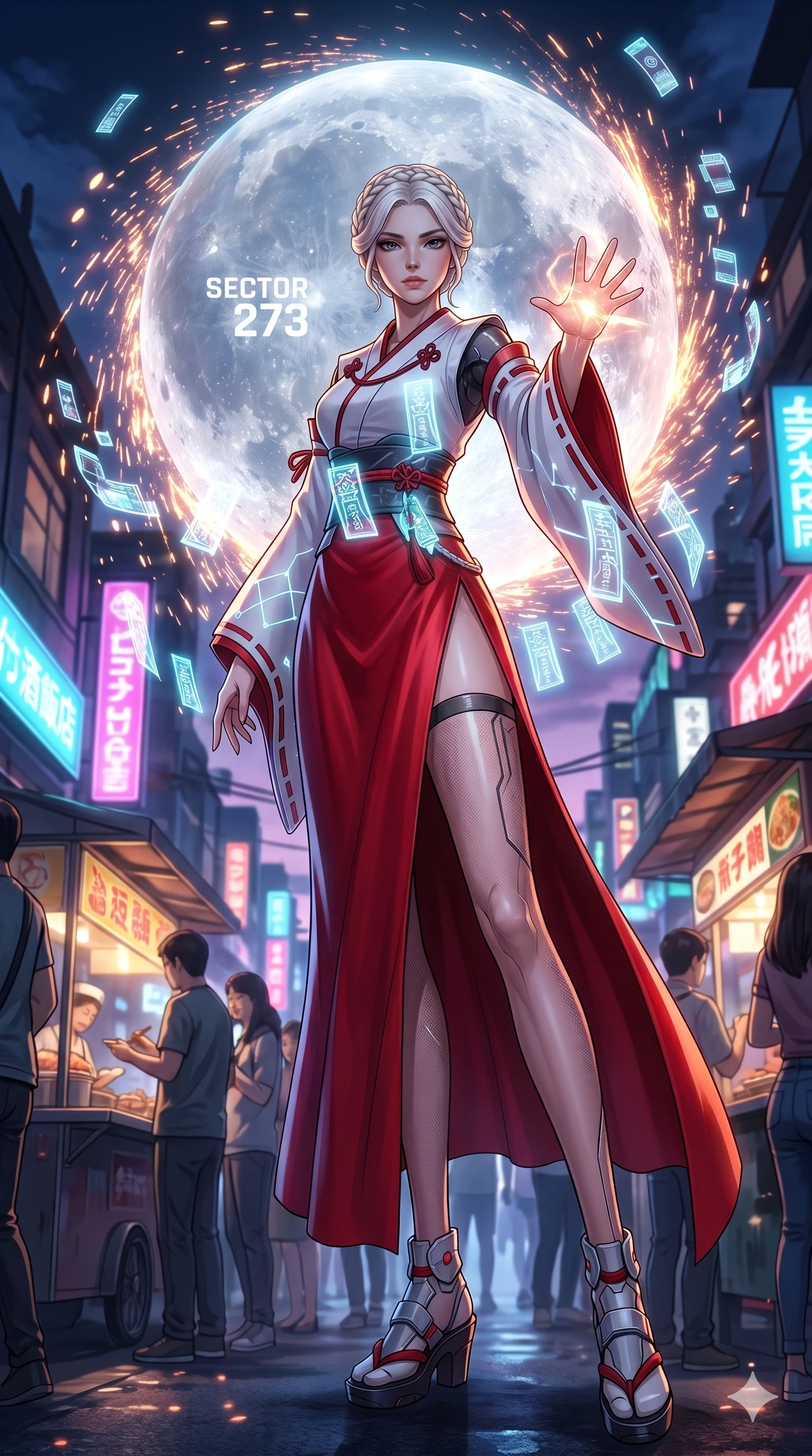 score_9, masterpiece, best quality, ultra-detailed, Set A: High-budget Anime Keyframe, Caucasian (strictly human ears) woman. Low angle cowboy shot filling the entire 9:16 frame with her statuesque presence. Casting a spell through a futuristic night market, with a massive holographic moon rising behind her marked as sector 273 and surrounded by glowing energy sparks. She has an absolutely perfect 8-heads proportion, an exceptionally tall and slender female figure with impossibly long slender legs and an ultra-slim waist. Sharp v-shaped jawline, high-bridge nose, intricate jewel-like eyes with depth, thick eyelashes, glossy lips with a natural sheen. Wearing Cyber-miko outfit with holographic paper charms and a high-slit red silk skirt. Cinematic lighting, vibrant colors, dramatic shadows, 2k, ultra detail, master piece, 9:16 ratio