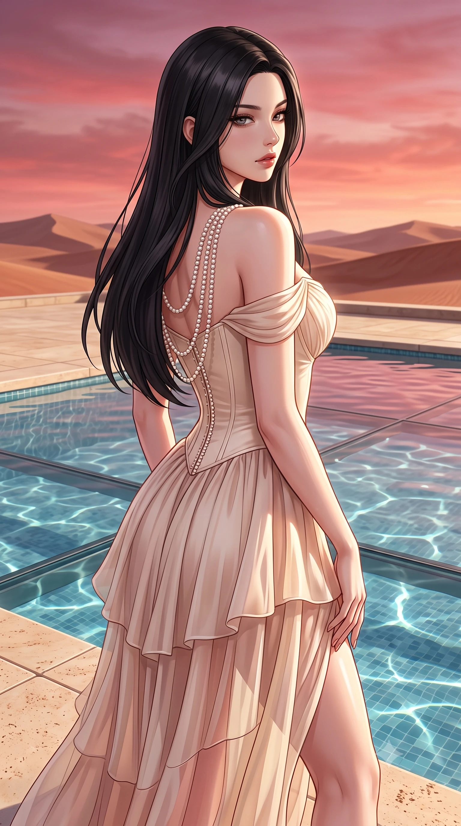 score_9, masterpiece, best quality, ultra-detailed, high-budget anime keyframe, semi-realistic 3D game render, editorial fashion photography, tasteful artistic composition, Korean woman. close-up cowboy shot from the waist and thighs up, the character dominates the composition, filling the frame with her large presence. twisting her slender torso in a deep contrapposto stance, hips dramatically shifted to accentuate her feminine curves while looking past her shoulder with smoldering bedroom-eyes while standing poised on the sunlit travertine pool deck, turning in an alluring silhouette as desert twilight paints the sky in shades of rose and copper. The surrounding environment is rendered in vivid detail and crisp panoramic clarity. sharp glass bottom floor seams, submerged mosaic tile caustics, and distant desert dune ridges in deep focus. She has an exceptionally elegant, slender, and willowy female figure with an ultra-slim waist, flat toned midriff, narrow ribcage, and sculpted feminine hips creating an alluring, slim hourglass silhouette without bulk. sharp v-shaped jawline, high-bridge nose, intricate jewel-like eyes with depth, thick eyelashes, glossy parted lips with a natural sheen, intensely captivating and seductive bedroom-eyes expression, flawlessly proportioned anatomical accuracy, strict slender model proportions, natural body alignment, perfectly sculpted long slender limbs, ultra-slim waistline, clean dynamic posture without body distortion. wearing an off-shoulder French court corset bodice dress paired with a tiered translucent chiffon slit skirt in vintage champagne ivory and delicate rose gold, woven from layered gossamer chiffon with a weightless sweeping drape, accented with a multi-strand pearl back necklace cascading down her bare spine to her hips, the liquid-tight tailored fabric clinging flawlessly to her narrow waist and rounded feminine hips, emphasizing every millimeter of her sculpted slim hourglass curves without any bulky heaviness. illuminated by intense specular pool water reflections sharply carving her razor-sharp jawline, narrow waist, and curvy hips. highly saturated vibrant anime colors, detailed shading with soft gradients, rich glossy textures, high-contrast stereoscopic depth, volumetric dynamic lighting, master piece, 9:16 ratio