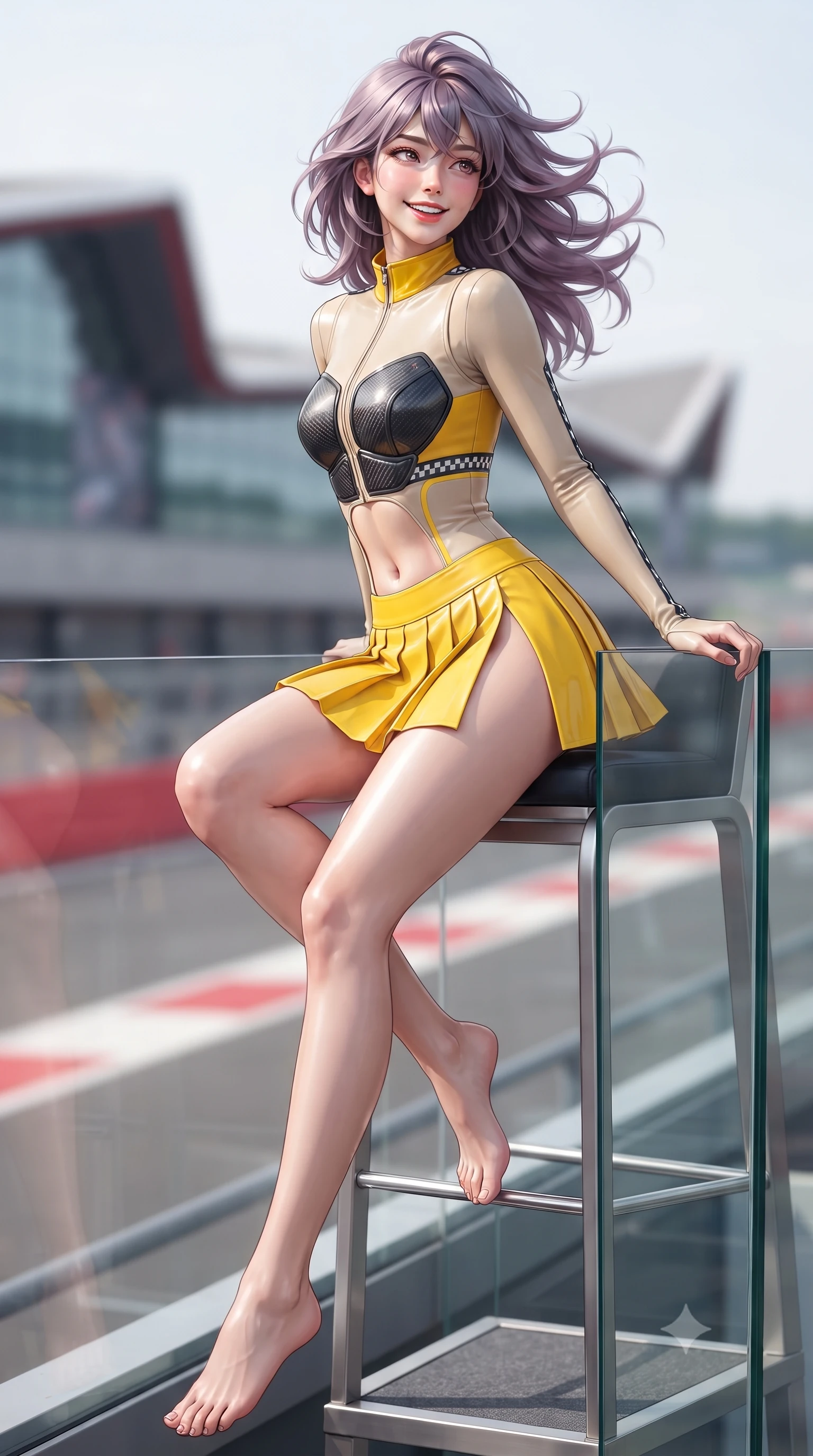 score_9, masterpiece, best quality, ultra-detailed, high-budget anime keyframe, editorial fashion photography, tasteful artistic composition, Japanese woman. low angle full-body shot from head to toe showing her feet, filling the entire 9:16 vertical frame with her statuesque presence, stretching her vertical silhouette. sitting perched on the elevated umpire chair with legs crossed and hips angled toward the camera, displaying her toned midriff and long slender limbs with joyful, coquettish charm while leaning against the frameless glass railing with hips cocked back, looking over her shoulder with an intoxicating, wind-swept racing smile. The background shows a soft-focus the wide expanse of the legendary Silverstone circuit, red-and-white curbs, and modern wing-shaped pit complex blurred into scarlet, silver, and slate bokeh. She has an absolutely perfect, statuesque 8.5-heads proportion, an exceptionally tall and slender model-like female figure with impossibly long slender legs, an ultra-slim waist, a flat toned midriff, narrow delicate ribcage, and beautifully sculpted feminine hips creating a graceful, slim hourglass silhouette without any bulky heaviness. sharp v-shaped jawline, high-bridge nose, sparkling eyes with athletic focus and depth, thick curled eyelashes, glossy parted lips with a natural coral-peach sheen, bright confident and coquettish smile with alluring bedroom-eyes, exuding both youthful sporty vigor and sovereign high-society glamour, flawlessly proportioned anatomical accuracy, strict slender model proportions, natural body alignment, perfectly sculpted long slender limbs, ultra-slim waistline, clean dynamic posture without body distortion. wearing a sleeveless high-collar racing bodysuit with carbon-fiber chestplate accents and a pleated wrap tennis skirt with side hip slit in warm oatmeal beige and deep Ferrari yellow, made of smooth liquid-tight stretch jersey emphasizing every curve of her body, finished with contrasting racing stripe tape and subtle checkered flag embroidery, the glove-like aerodynamic silhouette tightly following the natural contour of her hips and long slender legs with youthful 8.5-heads elegance. bathed in bright, crisp English summer daylight reflecting off architectural glass and track surfaces. ultra-reflective glossy finish, specular highlights, rich textural contrasts, high-contrast stereoscopic depth, volumetric dynamic lighting, 2k, ultra detail, master piece, 9:16 ratio