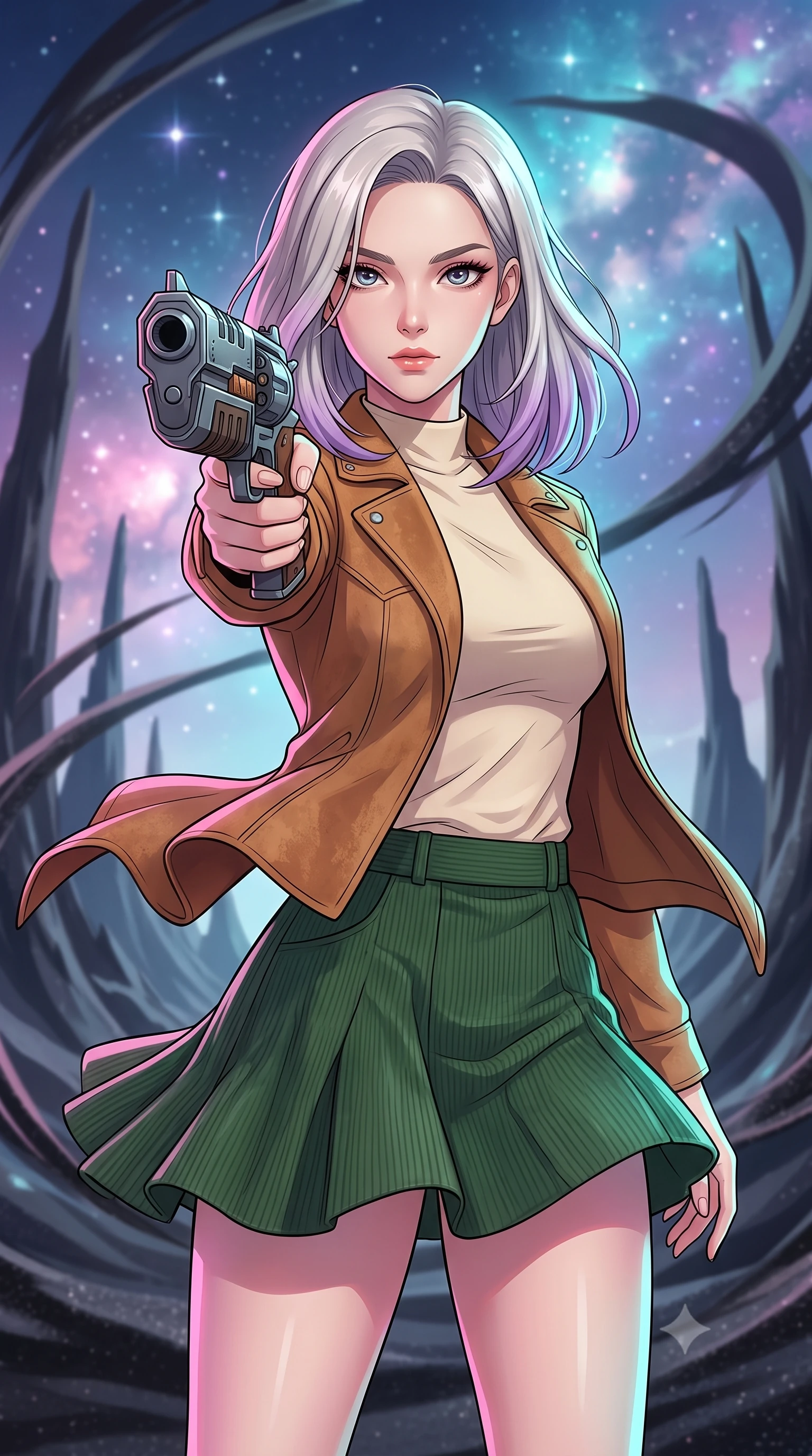 score_9, masterpiece, best quality, ultra-detailed, high-budget anime keyframe, clean line-art, cel-shading, Caucasian woman, strictly human ears. close-up cowboy shot from the waist and thighs up, the character dominates the composition, filling the frame with her large presence, background elements kept in soft focus. Pointing a weapon directly past the lens with a calm, dominant gaze of superiority. set against a soft-focus background of a valley of magnetic black sand rising in jagged spires and swirling ribbons in response to unseen gravitational anomalies. She has an exceptionally elegant and slender, willowy female figure with an ultra-slim waist, a gracefully sculpted slender torso, and a refined slim physique. sharp v-shaped jawline, high-bridge nose, intricate jewel-like eyes with depth, thick eyelashes, glossy lips with a natural sheen. wearing the lightweight fabric rippling and billowing dramatically with her movement, a form-contouring rustic tan suede jacket over a cream mock-neck top and a forest green corduroy mini skirt. starlight and nebula glow casting soft cosmic pink and cyan highlights on her form. highly saturated vibrant anime colors, intense vivid color palette, volumetric dynamic lighting, 2k, ultra detail, master piece, 9:16 ratio