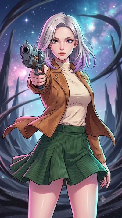 score_9, masterpiece, best quality, ultra-detailed, high-budget anime keyframe, clean line-art, cel-shading, Caucasian woman, strictly human ears. close-up cowboy shot from the waist and thighs up, the character dominates the composition, filling the