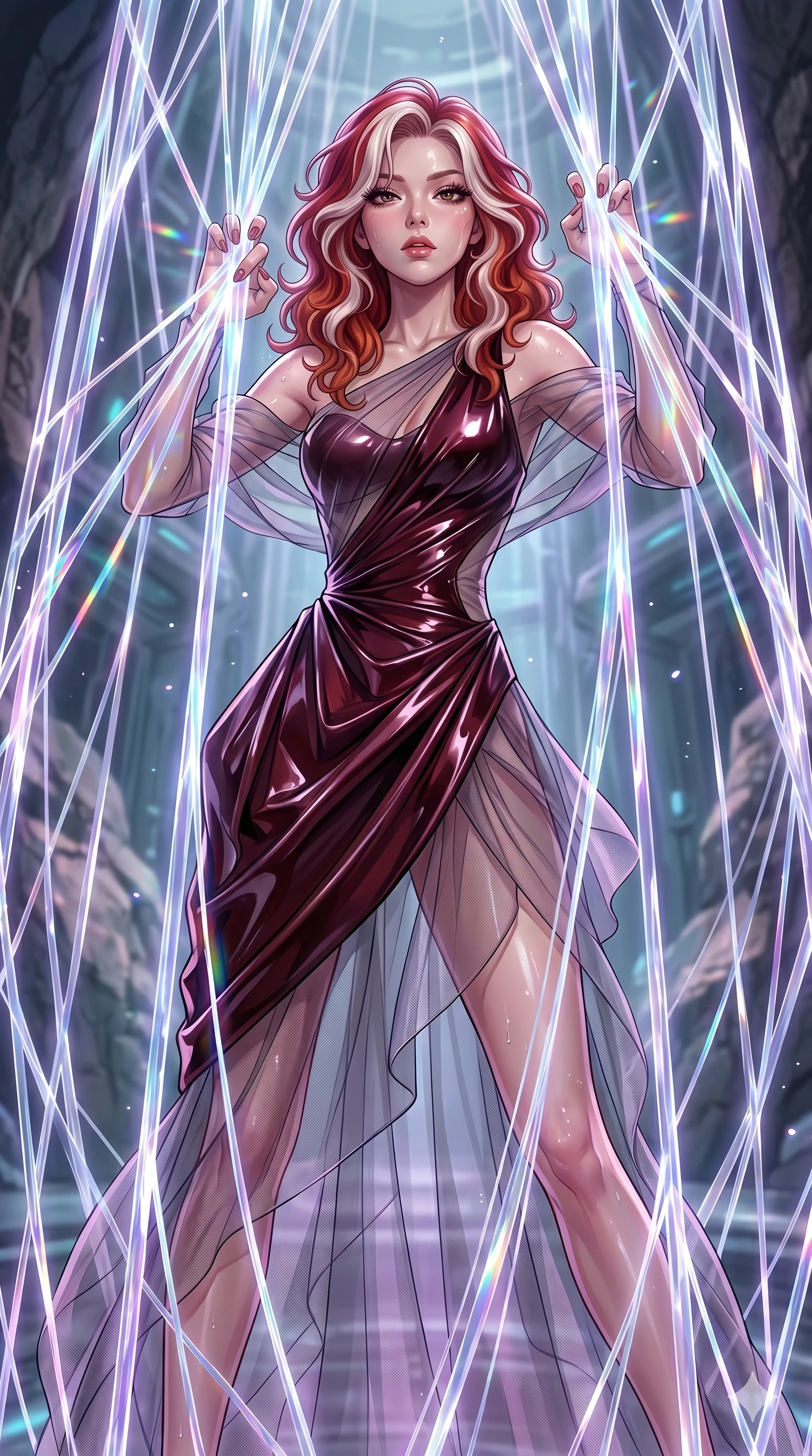 score_9, masterpiece, best quality, ultra-detailed, High-budget Anime Keyframe, East Asian woman. Dynamic full-body shot stretching the vertical silhouette to the limit. Scenario 222: Trapped in a cage of glowing crystalline fibers, body pressing against the bars. Her presence is magnetic and overpowering in this high-budget anime scene. Outfit 222: A patent leather second with a artistically draped detail and translucent layers. The clothing is designed to emphasize her exceptionally tall and slender 8-heads proportion. 8-heads proportion, towering silhouette, ultra-slim waist. sharp v-shaped jawline, intricate jewel-like eyes with depth, thick eyelashes, glossy lips. 2k, ultra detail, master piece, 9:16 ratio
