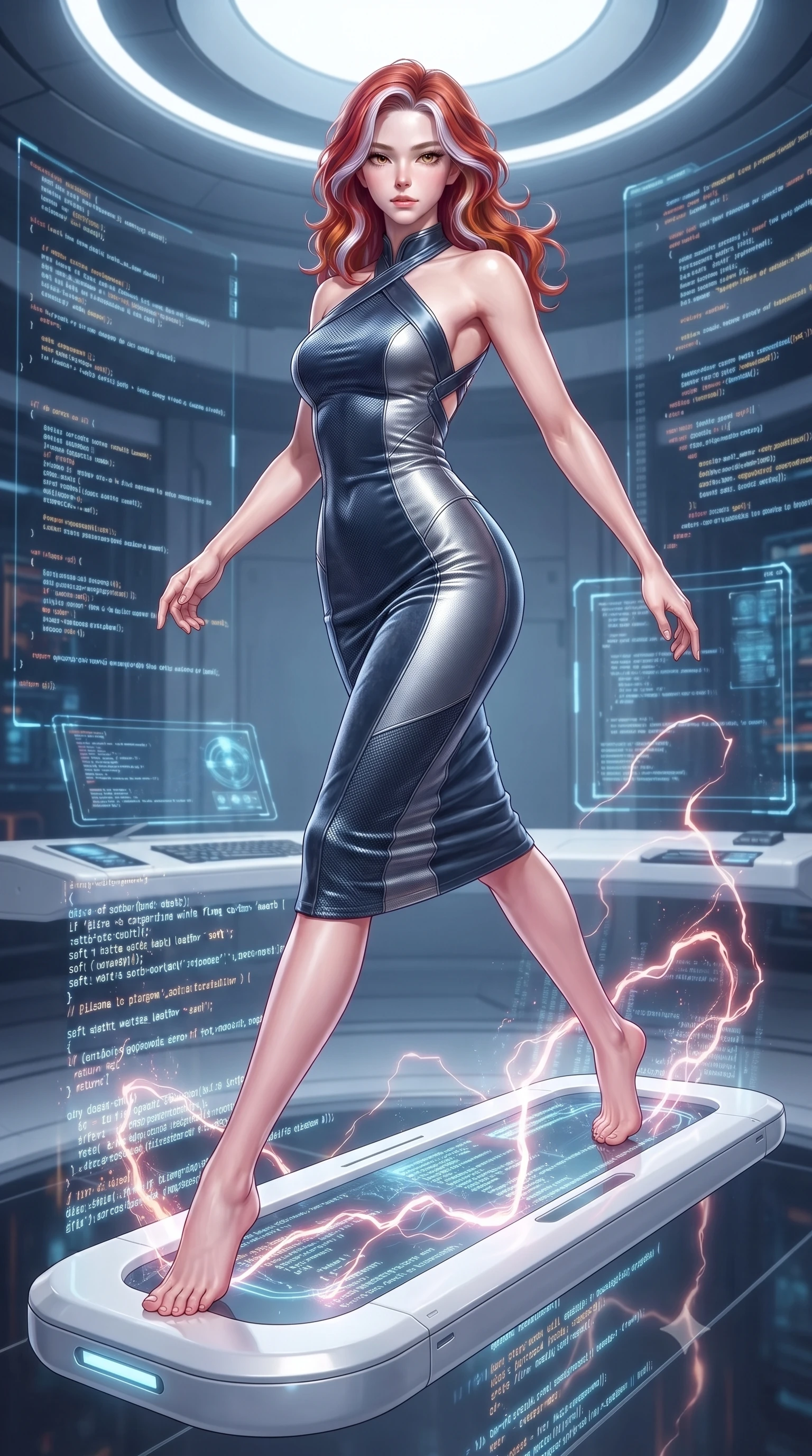 score_9, masterpiece, best quality, ultra-detailed, high-budget anime keyframe, editorial fashion photography, tasteful artistic composition, Caucasian woman. low angle full-body shot from head to toe showing her feet, filling the entire 9:16 vertical frame with her statuesque presence, stretching her vertical silhouette. forging dynamically through the scene, her vertical silhouette beautifully stretched resting on a sleek white floating console amidst glowing code streams, glowing plasma arcs pulsating rhythmically in the background. She has an absolutely perfect, statuesque 8.5-heads proportion, an exceptionally tall and slender model-like female figure with impossibly long slender legs and an ultra-slim waist. sharp v-shaped jawline, high-bridge nose, intricate jewel-like eyes with depth, thick eyelashes, glossy lips with a natural sheen. wearing a velvet halter-neck midi dress following her form like a glove in slate blue and metallic silver, made of fine carbon-fiber weave and soft matte leather, complemented by criss-cross back straps highlighting her bare shoulders, the form-contouring material highlighting her ultra-slim waist and long lines. surrounded by a crisp high-tech illumination highlighting every sleek curve. highly saturated vibrant anime colors, detailed shading with soft gradients, rich glossy textures, high-contrast stereoscopic depth, volumetric dynamic lighting, master piece, 9:16 ratio