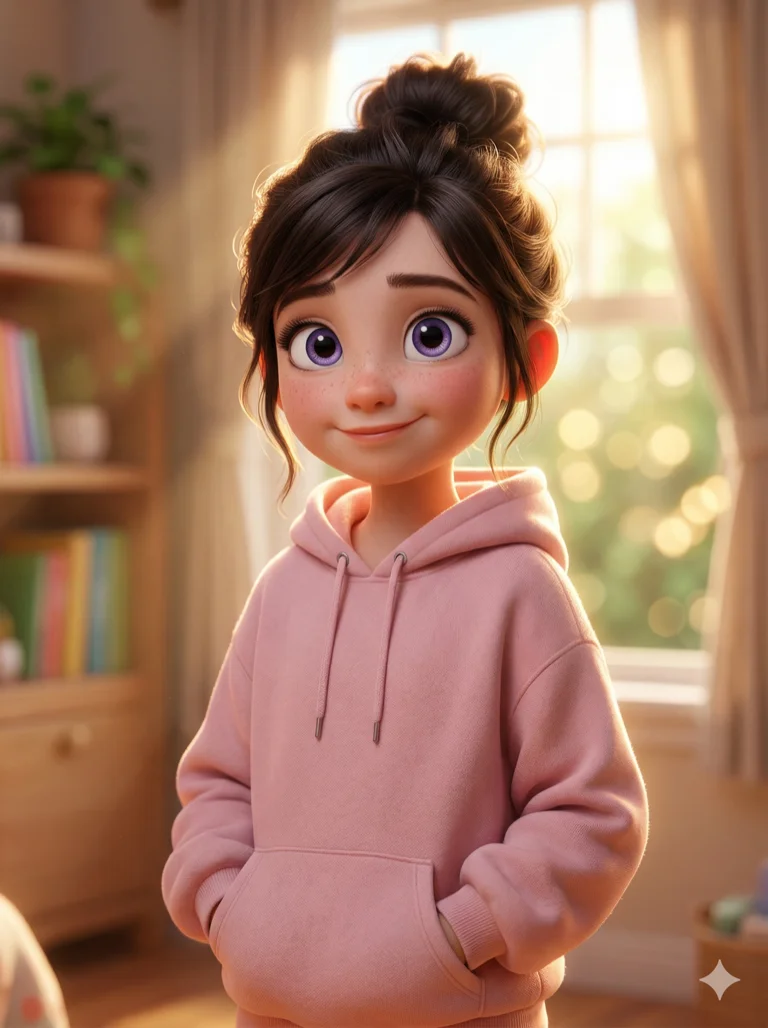 (masterpiece:1.2), best quality, highres, (3D character:1.2), cute girl, large expressive violet eyes, messy bun with loose strands, oversized pastel pink hoodie, (soft Pixar-style rendering:1.2), warm morning sun rays, subsurface scattering, bokeh, 2k, ultra detail, 3:4 ratio