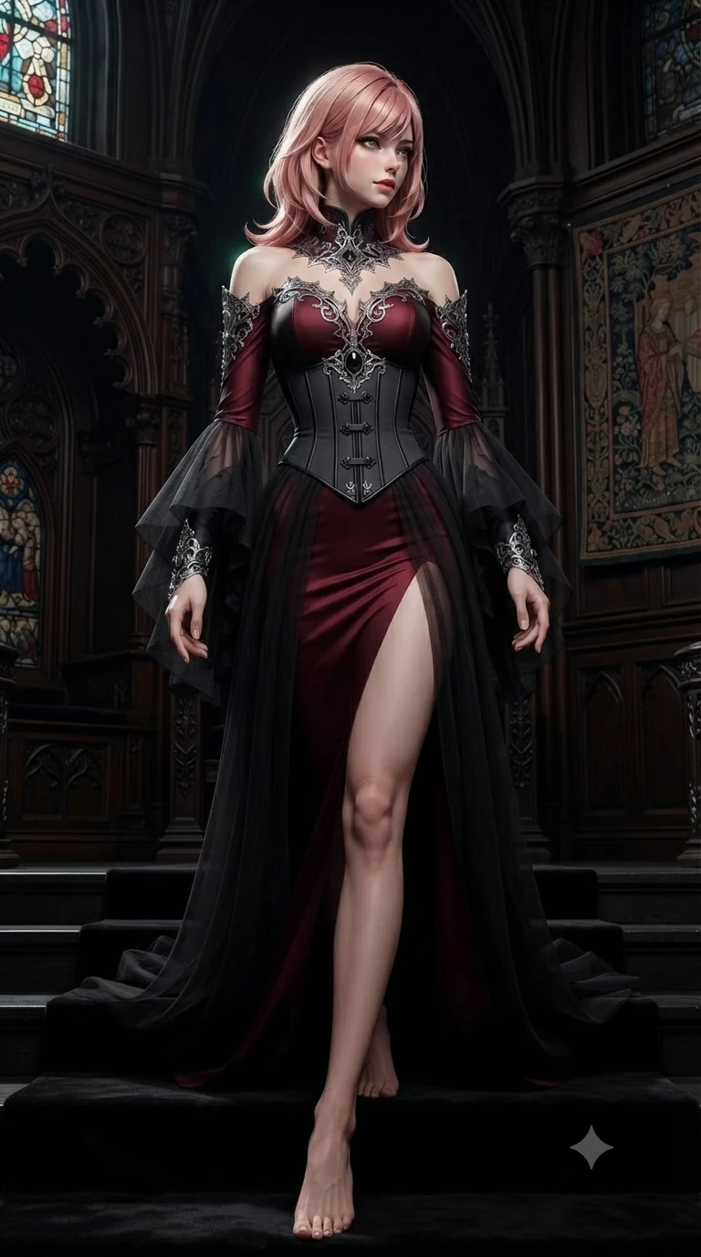 score_9, masterpiece, best quality, ultra-detailed, high-budget anime keyframe, editorial fashion photography, tasteful artistic composition, Japanese woman. low angle full-body shot from head to toe showing her feet, filling the entire 9:16 vertical frame with her statuesque presence, stretching her vertical silhouette. executing a slow, elegant turn as her liquid gown flutters around her slender legs, glancing over her shoulder with an intoxicating bedroom-gaze while stepping slowly down the black velvet throne steps with sovereign grace, hips swaying in an alluring rhythm that commands the chamber. The surrounding environment is rendered in vivid detail and crisp panoramic clarity: detailed gothic high-collar silk evening gown tailoring, bell sleeve flare, and opulent occult regalia in razor-sharp clarity. She has an absolutely perfect, statuesque 8.5-heads proportion, an exceptionally tall and slender model-like female figure with impossibly long slender legs, an ultra-slim waist, a flat toned midriff, narrow delicate ribcage, and beautifully sculpted feminine hips creating a graceful, slim hourglass silhouette without any bulky heaviness. sharp v-shaped jawline, high-bridge nose, intricate jewel-like dark sparkling eyes with hypnotic seductive depth, thick curled eyelashes, glossy parted lips with a natural wine sheen, alluring bedroom-eyes with an enigmatic smoldering smile, exuding magnetic sovereign charisma and dark avant-garde glamour, flawlessly proportioned anatomical accuracy, strict slender model proportions, natural body alignment, perfectly sculpted long slender limbs, ultra-slim waistline, clean dynamic posture without body distortion. wearing a tiered semi-sheer black tulle and silk slip dress with an ultra-slim corseted waist and bare shoulders in deep crimson burgundy and matte charcoal, made of fluid liquid jersey with seamless sculpting hold and smooth contours, adorned with minimalist black onyx hardware framing the silhouette, the bespoke structured tailoring following the natural line of her 8.5-heads silhouette with refined elegance. illuminated by velvet dais floor bounce and sharp emerald-platinum rim lights sculpting her razor-sharp jawline, narrow waist, and curvy hips. ultra-reflective glossy finish, specular highlights, metallic sheen, high-contrast stereoscopic depth, volumetric dynamic lighting, 2k, ultra detail, master piece, 9:16 ratio