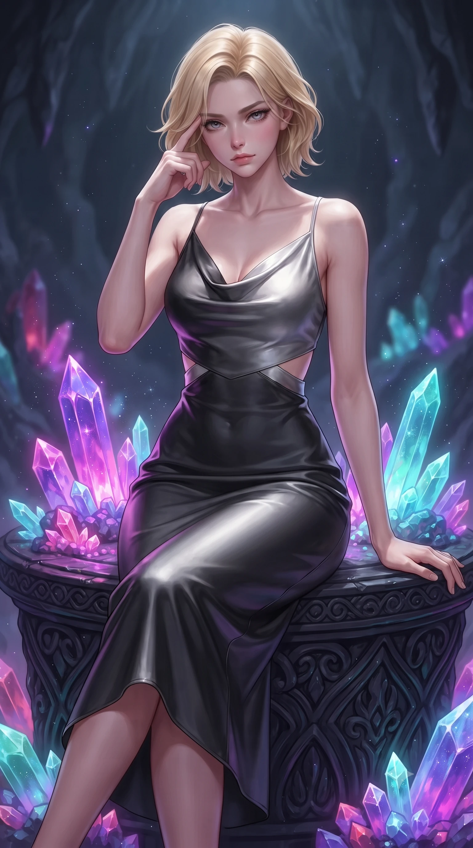 score_9, masterpiece, best quality, ultra-detailed, high-budget anime keyframe, editorial fashion photography, tasteful artistic composition, Caucasian woman. close-up cowboy shot from the waist and thighs up, the character dominates the composition, filling the frame with her large presence, background elements kept in soft focus. Pressing two fingers to her temple in a composed thoughtful gesture with an air of magnetic charisma resting on a carved obsidian altar surrounded by radiant crystal shards, glowing mineral dust shimmering like stars in the quiet cavern air. She has an exceptionally elegant, slender, and willowy female figure with an ultra-slim waist, a gracefully sculpted slender torso, and a refined silhouette. sharp v-shaped jawline, high-bridge nose, intricate jewel-like eyes with depth, thick eyelashes, glossy lips with a natural sheen. wearing an elegant cowl-neck satin midi dress with a draped neckline in matte black and polished silver, woven from fine semi-opaque sheer organza, featuring subtle geometric cutouts that highlight her ultra-slim midriff, the elegant draped fit framing her graceful clavicle and slender torso. illuminated by radiant purple, magenta, and cyan crystal inner glow. ultra-reflective glossy finish, specular highlights, metallic sheen, high-contrast stereoscopic depth, volumetric dynamic lighting, 2k, ultra detail, master piece, 9:16 ratio