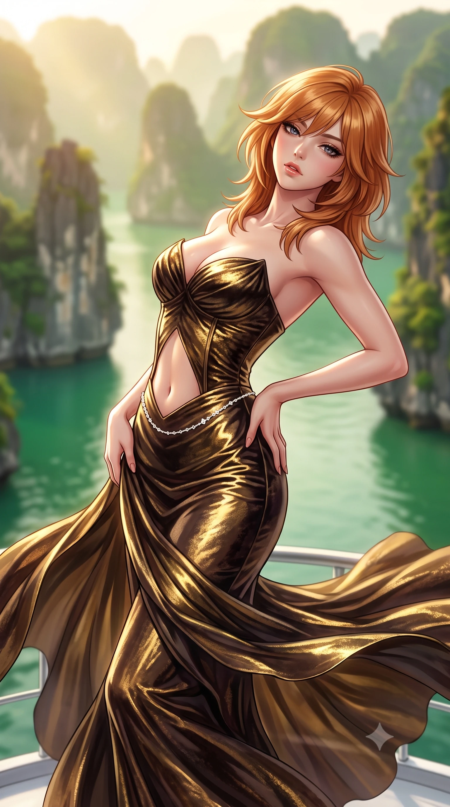 score_9, masterpiece, best quality, ultra-detailed, high-budget anime keyframe, semi-realistic 3D game render, editorial fashion photography, tasteful artistic composition, Korean woman. close-up cowboy shot from the waist and thighs up, the character dominates the composition, filling the frame with her large presence. arching her spine backward with effortless dancer poise, one hand sliding along her hip line as directional light carves specular highlights along her silhouette while standing poised on the forward observation deck with one hand on her hip, her silk dress fluttering in the morning sea breeze as towering limestone pillars surround her. The composition keeps background elements in soft focus with creamy bokeh. towering jagged limestone karst pinnacles and jade green bay waters blurred into emerald, misty gold, and soft moss bokeh. She has an exceptionally elegant, slender, and willowy female figure with an ultra-slim waist, flat toned midriff, narrow ribcage, and sculpted feminine hips creating an alluring, slim hourglass silhouette without bulk. sharp v-shaped jawline, high-bridge nose, intricate jewel-like eyes with depth, thick eyelashes, glossy parted lips with a natural sheen, intensely captivating and seductive bedroom-eyes expression, flawlessly proportioned anatomical accuracy, strict slender model proportions, natural body alignment, perfectly sculpted long slender limbs, ultra-slim waistline, clean dynamic posture without body distortion. wearing a deep sweetheart neckline crushed velvet corseted ballgown with an exposed midriff cutout in dark espresso brown and molten gold foil, crafted from luxurious metallic lamé that shifts radiance with every step, accented with a dainty diamond waist chain catching the ambient light reflections, the liquid-tight tailored fabric clinging flawlessly to her narrow waist and rounded feminine hips, emphasizing every millimeter of her sculpted slim hourglass curves without any bulky heaviness. bathed in soft golden dawn sunlight filtering through sea mist between colossal limestone pillars. highly saturated vibrant anime colors, detailed shading with soft gradients, rich glossy textures, high-contrast stereoscopic depth, volumetric dynamic lighting, master piece, 9:16 ratio