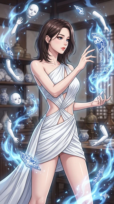 score_9, masterpiece, best quality, ultra-detailed, high-budget anime keyframe, Korean woman. upper body close-up from the thighs up, character filling the screen for maximum presence. assisting in an alchemical porcelain workshop where floating whit