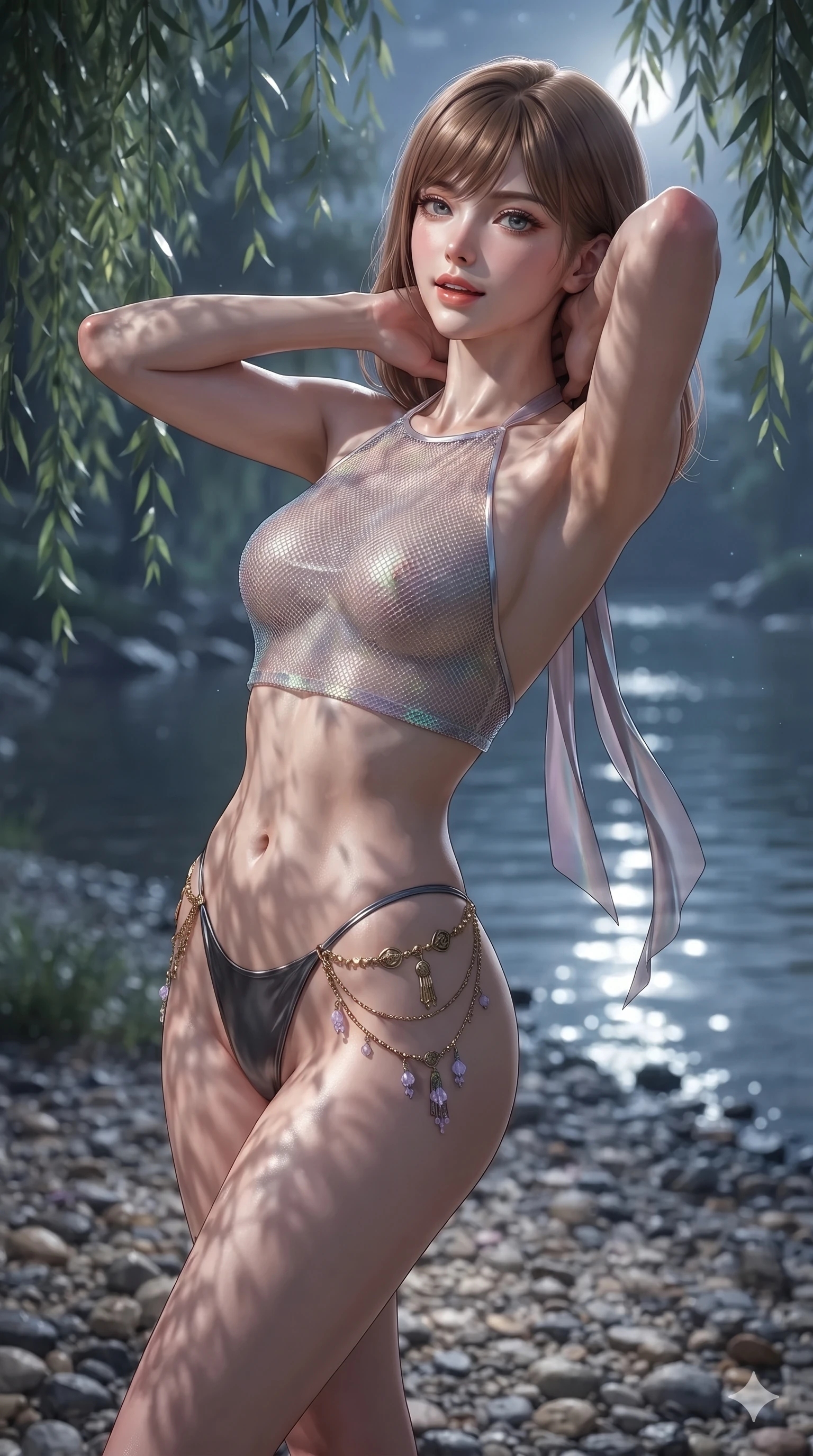 score_9, masterpiece, best quality, ultra-detailed, high-budget anime keyframe, editorial fashion photography, tasteful artistic composition, Korean woman. close-up cowboy shot from the waist and thighs up, the character dominates the composition, filling the frame with her large presence. resting both hands lightly behind her neck with elbows raised, arching her spine to highlight her narrow waist, flat midriff, and breathtaking collarbones while twisting her slender torso in an alluring S-curve beside the pebble shoreline, moonbeams reflecting off her flat midriff and hips. The background shows a soft-focus secluded riverbank landscape softened in romantic moonlight shallow focus. She has an exceptionally elegant, slender, and willowy female figure with an ultra-slim waist, flat toned midriff, narrow ribcage, and sculpted feminine hips creating an alluring, slim hourglass silhouette without bulk. sharp v-shaped jawline, high-bridge nose, sparkling eyes with hypnotic seductive depth, thick curled eyelashes, glossy parted lips with a natural dewy peach sheen, alluring bedroom-eyes with an enchanting coquettish smile, exuding magnetic siren charisma and sophisticated glamour, flawlessly proportioned anatomical accuracy, strict slender model proportions, natural body alignment, perfectly sculpted long slender limbs, ultra-slim waistline, clean dynamic posture without body distortion. wearing a translucent iridescent mesh crop top paired with high-cut string bikini bottoms and gold norigae waist chains in vintage bronze patina and pale wisteria lilac, made of liquid dark mercury jersey with seamless sculpting hold and fluid drape, finished with long silk ribbon ties fluttering down her bare spine from a backless halter, the form-contouring silhouette accentuating her sculpted flat midriff, narrow delicate ribcage, and gracefully curvy hips with intoxicating allure. bathed in ethereal silver moonlight filtering through weeping willow leaves creating intricate dappled shadow patterns. ultra-reflective glossy finish, specular highlights, rich textural contrasts, high-contrast stereoscopic depth, volumetric dynamic lighting, 2k, ultra detail, master piece, 9:16 ratio