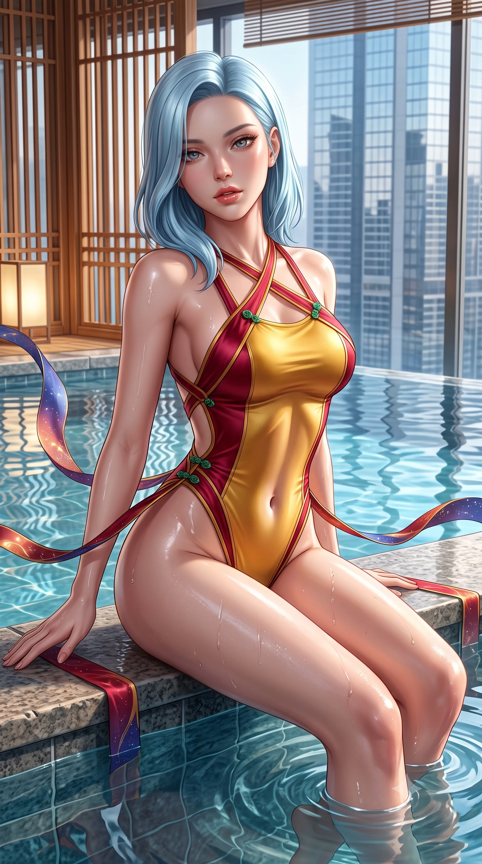 score_9, masterpiece, best quality, ultra-detailed, high-budget anime keyframe, semi-realistic 3D game render, editorial fashion photography, tasteful artistic composition, Korean woman. close-up cowboy shot from the waist and thighs up, the character dominates the composition, filling the frame with her large presence. leaning back with relaxed seductive grace, her sculpted collarbones and narrow waist highlighted as she casts smoldering bedroom-eyes directly into the camera while sitting on the stone infinity pool edge with legs dipped in water, turning her upper body in an alluring S-curve toward the camera. The surrounding environment is rendered in vivid detail and crisp panoramic clarity. detailed mineral pool ripple caustics, cedar lattice work, and city skyscraper windows in high clarity. She has an exceptionally elegant, slender, and willowy female figure with an ultra-slim waist, a gracefully sculpted slender torso, toned flat midriff, and rounded feminine hips creating an alluring hourglass silhouette. sharp v-shaped jawline, high-bridge nose, intricate jewel-like eyes with depth, thick eyelashes, glossy parted lips with a natural sheen, intensely captivating and seductive bedroom-eyes expression, flawlessly proportioned anatomical accuracy, strict slender model proportions, natural body alignment, perfectly sculpted long slender limbs, ultra-slim waistline, clean dynamic posture without body distortion. wearing a second-skin thermal onsen monokini with high-cut hip openings and crossed back straps in imperial gold and deep crimson silk, made of liquid bamboo jersey adhering seamlessly to her slender frame, finished with genuine jade button closures and floating celestial silk ribbons, the second-skin form-contouring cut accentuating her sculpted flat midriff, narrow waistline, and dramatically curvy hips without adding bulk. illuminated by wet specular reflections accentuating her sculpted collarbones, narrow waist, and curvy hips. highly saturated vibrant anime colors, detailed shading with soft gradients, rich glossy textures, high-contrast stereoscopic depth, volumetric dynamic lighting, master piece, 9:16 ratio
