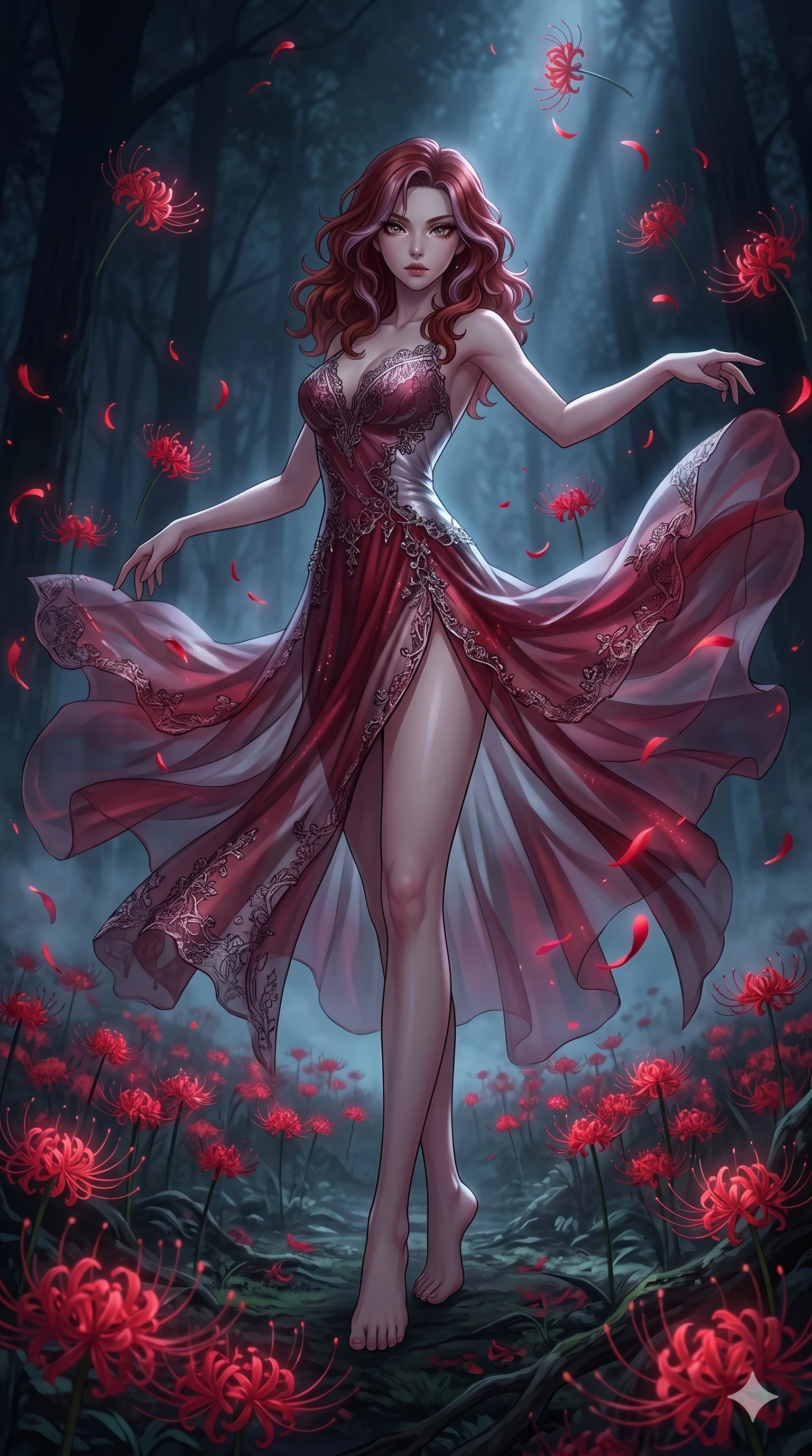score_9, masterpiece, best quality, ultra-detailed, High-budget Anime Keyframe, East Asian woman. Low angle cowboy shot filling the entire 9:16 frame with her statuesque presence. Scenario 175: Dancing amidst falling red spider lilies in a misty dark forest. Her presence is magnetic and overpowering in this high-budget anime scene. Outfit 175: A shimmering chiffon bare with a thigh-high slit and delicate lace embroidery. The clothing is designed to emphasize her exceptionally tall and slender 8-heads proportion. 8-heads proportion, towering silhouette, ultra-slim waist. sharp v-shaped jawline, intricate jewel-like eyes with depth, thick eyelashes, glossy lips. 2k, ultra detail, master piece, 9:16 ratio