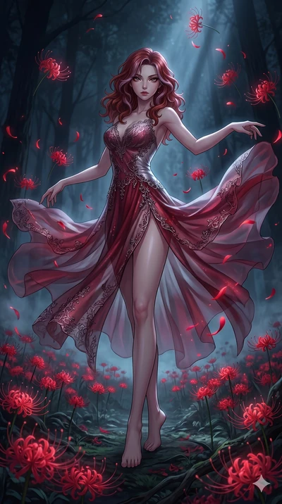 score_9, masterpiece, best quality, ultra-detailed, High-budget Anime Keyframe, East Asian woman. Low angle cowboy shot filling the entire 9:16 frame with her statuesque presence. Scenario 175: Dancing amidst falling red spider lilies in a misty dark