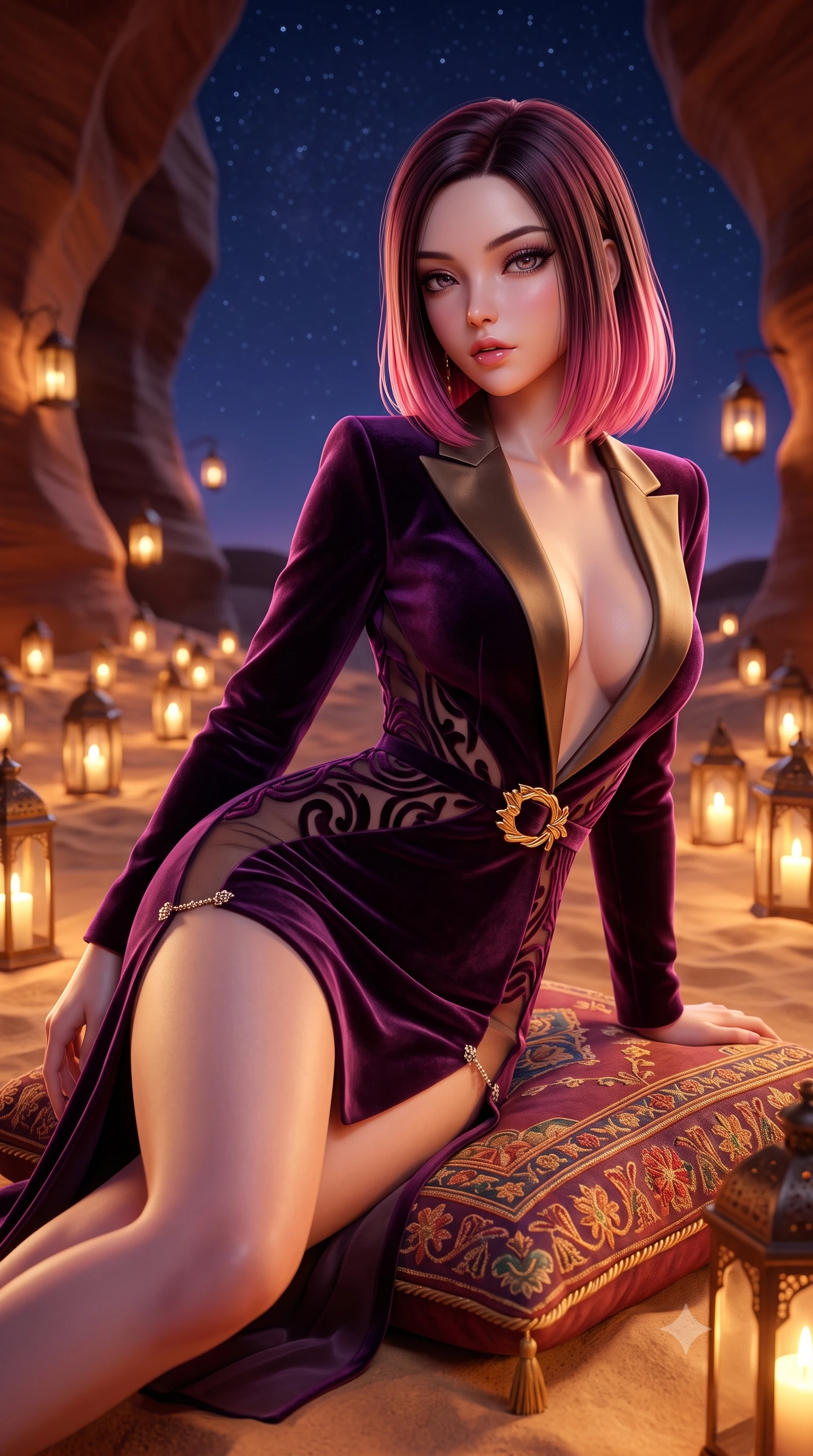 score_9, masterpiece, best quality, ultra-detailed, high-budget anime keyframe, semi-realistic 3D game render, editorial fashion photography, tasteful artistic composition, Korean woman. close-up cowboy shot from the waist and thighs up, the character dominates the composition, filling the frame with her large presence. twisting her slender torso in a deep contrapposto stance, hips dramatically shifted to accentuate her feminine curves while looking past her shoulder with smoldering bedroom-eyes while reclining across an embroidered bedouin cushion on the desert sand, her slender waist and feminine curves sculpted by warm candlelight and desert stars. The composition keeps background elements in soft focus with creamy bokeh. curving sandstone slot canyon walls and starry desert night sky softened in magical oriental shallow focus. She has an exceptionally elegant, slender, and willowy female figure with an ultra-slim waist, flat toned midriff, narrow ribcage, and sculpted feminine hips creating an alluring, slim hourglass silhouette without bulk. sharp v-shaped jawline, high-bridge nose, intricate jewel-like eyes with depth, thick eyelashes, glossy parted lips with a natural sheen, intensely captivating and seductive bedroom-eyes expression, flawlessly proportioned anatomical accuracy, strict slender model proportions, natural body alignment, perfectly sculpted long slender limbs, ultra-slim waistline, clean dynamic posture without body distortion. wearing a tailored velvet tuxedo jacket dress with satin lapels, worn with a deep plunge neckline and gold hip buckle in deep plum violet and antique bronze, made of sheer contouring power-mesh with velvet flocking patterns, finished with an ultra-high side slit secured by miniature jeweled clasps, the second-skin form-contouring cut accentuating her sculpted flat midriff, narrow delicate ribcage, and gracefully curvy hips with supermodel precision. bathed in warm flickering glow of hundreds of candle lanterns contrasting with the deep indigo desert night sky. highly saturated vibrant anime colors, detailed shading with soft gradients, rich glossy textures, high-contrast stereoscopic depth, volumetric dynamic lighting, master piece, 9:16 ratio