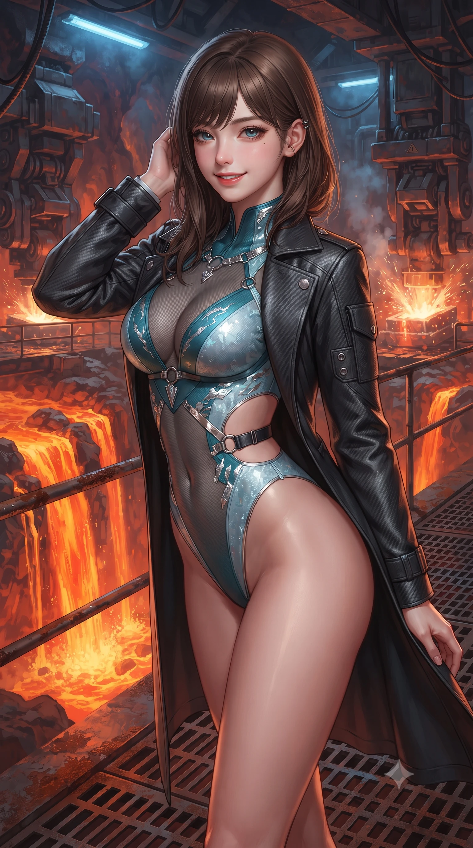 score_9, masterpiece, best quality, ultra-detailed, high-budget anime keyframe, editorial fashion photography, tasteful artistic composition, Korean woman. close-up cowboy shot from the waist and thighs up, the character dominates the composition, filling the frame with her large presence. gently brushing a lock of hair behind her ear while casting a playful, flirtatious side-gaze with long eyelashes while standing poised on the heavy grated catwalk above cascading molten slag waterfalls inside the active volcanic caldera, arching her lower back with sovereign combat poise as automated hydraulic presses slam into white-hot titanium. The surrounding environment is rendered in vivid detail and crisp panoramic clarity: detailed tactical officer coat tailoring, carbon-fiber armor texture, and colossal industrial metallurgy architecture in razor-sharp precision. She has an exceptionally elegant, slender, and willowy female figure with an ultra-slim waist, flat toned midriff, narrow ribcage, and sculpted feminine hips creating an alluring, slim hourglass silhouette without bulk. sharp v-shaped jawline, high-bridge nose, intricate jewel-like sparkling eyes with depth, thick eyelashes, glossy parted lips with a natural peach sheen, bright cheerful beaming smile with an enchanting and coquettish sensual glint, exuding both youthful cute charm and seductive allure, flawlessly proportioned anatomical accuracy, strict slender model proportions, natural body alignment, perfectly sculpted long slender limbs, ultra-slim waistline, clean dynamic posture without body distortion. wearing a provocative sheer-illusion tactical combat bodysuit with strategic metallic foil flocking and high-cut leg openings in Europa abyssal turquoise and ice-shelf diamond, adorned with delicate chrome ring hardware and cutouts along her slender waist, finished with sleek magnetic buckle closures fluttering in the breeze, the bespoke structured tailoring following the natural line of her 8.5-heads silhouette with refined elegance. bathed in the intense warm 2000K radiant glow of molten titanium rivers contrasted with cool overhead blue safety strobes. ultra-reflective glossy finish, specular highlights, rich textural contrasts, high-contrast stereoscopic depth, volumetric dynamic lighting, 2k, ultra detail, master piece, 9:16 ratio