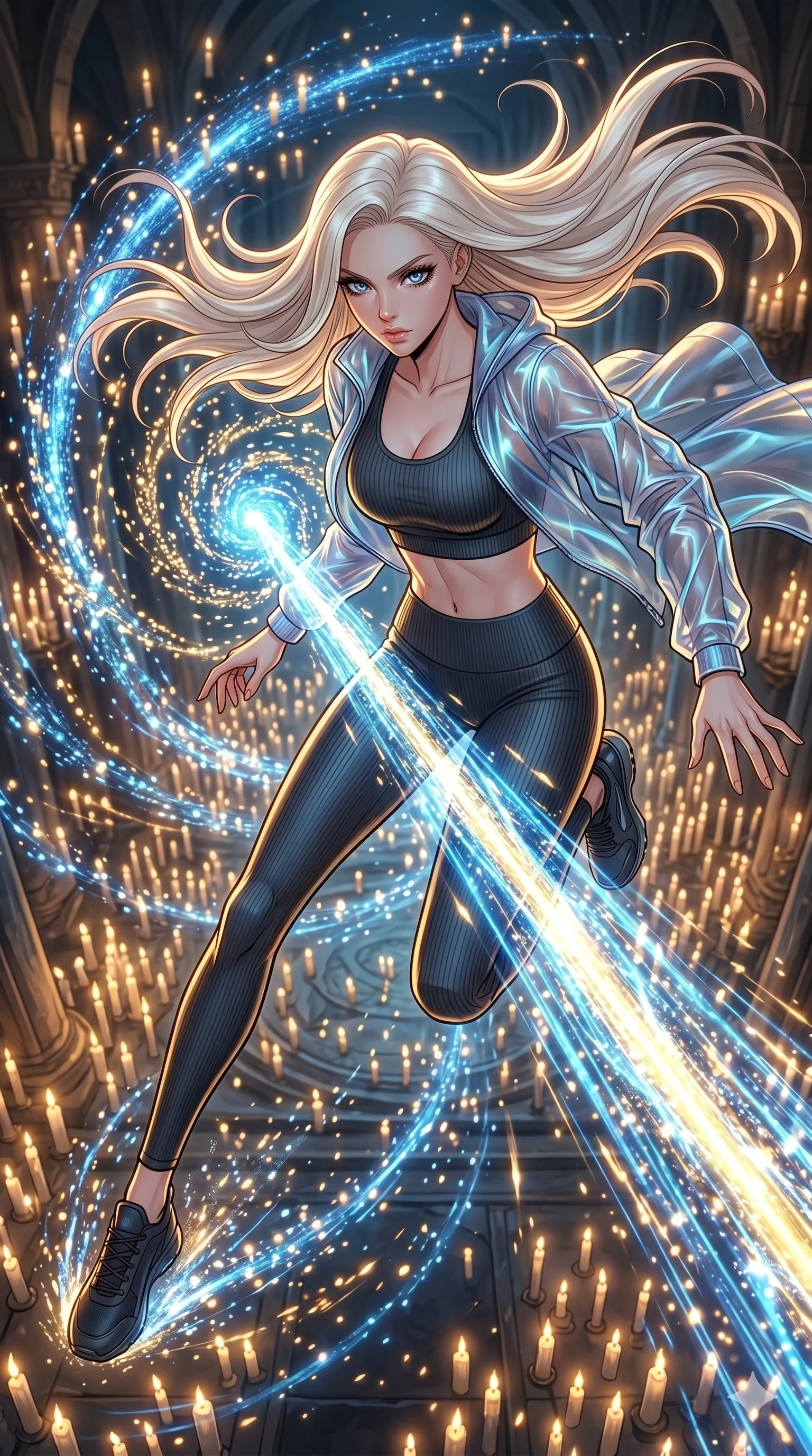 score_9, masterpiece, best quality, ultra-detailed, high-budget anime movie keyframe, cinematic anime lighting, intricate line art, Korean anime girl. Extreme high angle shot as she leaps towards the camera, filling the frame. manipulating the light of a thousand candles to form a laser. She has an absolutely perfect 8-heads proportion, an exceptionally tall and slender female figure with an ultra-slim waist and impossibly long slender legs. strictly human anatomy, two legs only, no extra limbs, clearly defined legs and arms, perfect anatomy, perfect hands and fingers. sharp v-shaped jawline, high-bridge nose, intricate jewel-like eyes, thick eyelashes, glossy lips. Wearing Premium Athleisure: Ribbed sports bra and leggings set, sheer windbreaker, and sleek high-performance activewear. The scene is illuminated by dramatic atmospheric lighting and vibrant color palettes. , 2k, ultra detail, master piece, 9:16 ratio