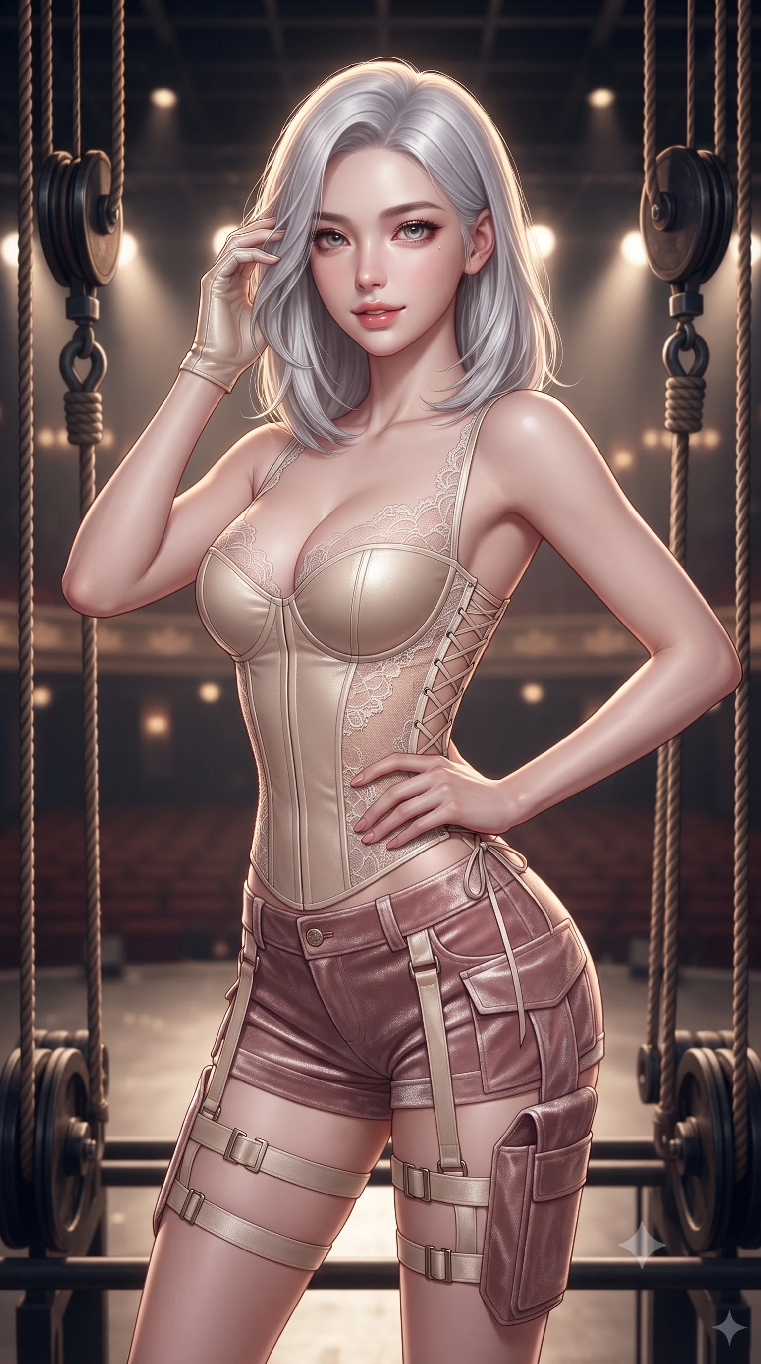 score_9, masterpiece, best quality, ultra-detailed, high-budget anime keyframe, editorial fashion photography, tasteful artistic composition, Korean woman. close-up cowboy shot from the waist and thighs up, the character dominates the composition, filling the frame with her large presence. twisting her slender torso in an alluring contrapposto stance, one hand resting on her sculpted hip while her fingers toy with her hair with effortless poise while standing poised between massive counterweight rigging ropes high above the stage, arching her back with dramatic theatrical allure. The background shows a soft-focus stage spotlights, counterweight pulleys, and distant auditorium rows below blurred into amber, cobalt, and smoky charcoal bokeh. She has an exceptionally elegant, slender, and willowy female figure with an ultra-slim waist, flat toned midriff, narrow ribcage, and sculpted feminine hips creating an alluring, slim hourglass silhouette without bulk. sharp v-shaped jawline, high-bridge nose, sparkling eyes with hypnotic seductive depth, thick curled eyelashes, glossy parted lips with a natural dewy peach sheen, alluring bedroom-eyes with an enchanting coquettish smile, exuding magnetic siren charisma and sophisticated glamour, flawlessly proportioned anatomical accuracy, strict slender model proportions, natural body alignment, perfectly sculpted long slender limbs, ultra-slim waistline, clean dynamic posture without body distortion. wearing a structured boned tactical leatherette corset bodice paired with low-rise cargo hot-pants and thigh holster straps in powder champagne cream and dusty rose velvet, made of delicate semi-sheer French Chantilly lace with intricate eyelash edges, finished with fine criss-cross lace-up side ties revealing tantalizing glimpses of her hip curve, the glove-like clinging cut tightly following the natural contour of her hips and long slender legs with youthful 8.5-heads elegance. illuminated by footlight bounce and sharp amber-gold rim lighting defining her razor-sharp jawline, ultra-slim waist, and curvy hips. ultra-reflective glossy finish, specular highlights, rich textural contrasts, high-contrast stereoscopic depth, volumetric dynamic lighting, 2k, ultra detail, master piece, 9:16 ratio
