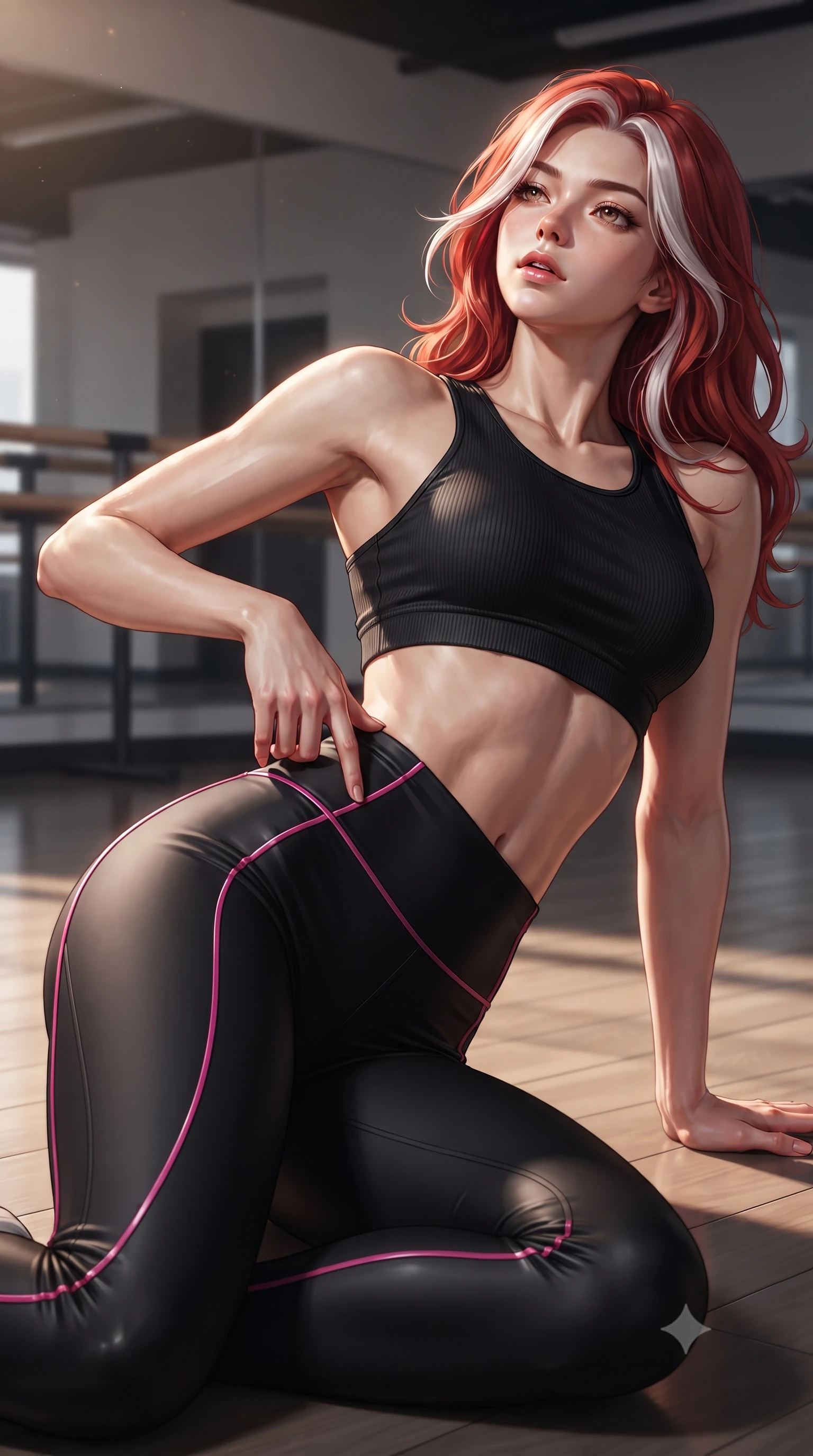 score_9, masterpiece, best quality, ultra-detailed, high-budget anime keyframe, editorial fashion photography, tasteful artistic composition, Caucasian woman. close-up cowboy shot from the waist and thighs up, the character dominates the composition, filling the frame with her large presence. arching her spine backward with effortless dancer poise, one hand sliding along her hip line as directional light carves specular highlights along her silhouette while reclining on the dance studio floor propped up on one hip, head tilted back in ecstasy with parted lips as warm spotlights trace her silhouette. The surrounding environment is rendered in vivid detail and crisp panoramic clarity. high-contrast sculptural dance chiaroscuro and contemporary athletic aesthetics captured with precision. She has an exceptionally elegant, slender, and willowy female figure with an ultra-slim waist, a gracefully sculpted slender torso, toned flat midriff, and rounded feminine hips creating an alluring hourglass silhouette. sharp v-shaped jawline, high-bridge nose, intricate jewel-like eyes with depth, thick eyelashes, glossy parted lips with a natural sheen, intensely captivating and seductive bedroom-eyes expression, flawlessly proportioned anatomical accuracy, strict slender model proportions, natural body alignment, perfectly sculpted long slender limbs, ultra-slim waistline, clean dynamic posture without body distortion. wearing a seamless ribbed athletic crop top paired with ultra-high-waisted sculpting leggings accentuating her glutes in pitch black with gloss neon piping, crafted from compression spandex sculpting her athletic hourglass lines, finished with high-cut leg elastic bands defining her long leg lines, the second-skin form-contouring cut accentuating her sculpted flat midriff, narrow waistline, and dramatically curvy hips without adding bulk. surrounded by a disciplined, sensual, and exquisitely graceful haute-couture dancer aura. ultra-reflective glossy finish, specular highlights, rich textural contrasts, high-contrast stereoscopic depth, volumetric dynamic lighting, 2k, ultra detail, master piece, 9:16 ratio