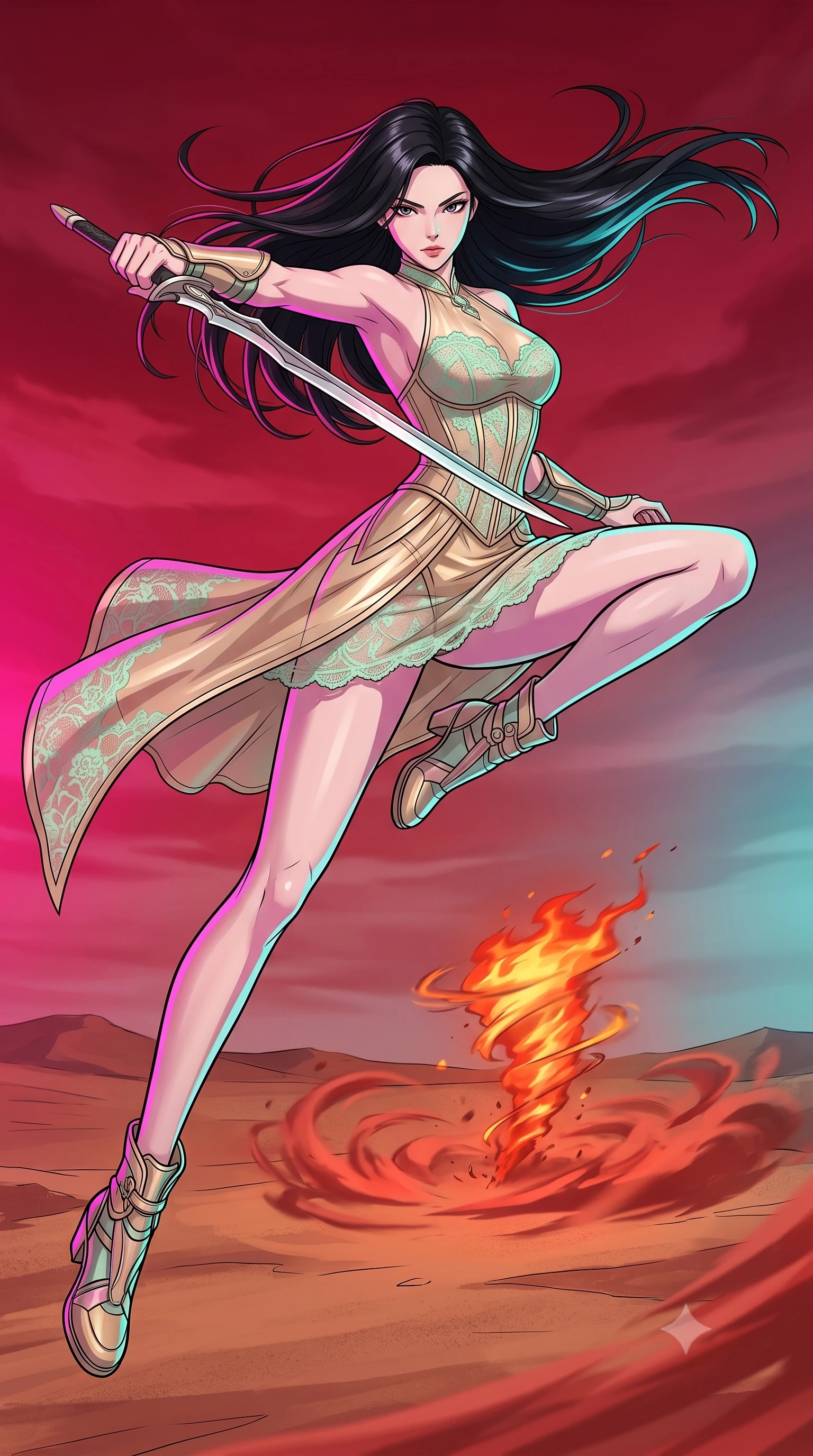 score_9, masterpiece, best quality, ultra-detailed, high-budget anime keyframe, clean line-art, cel-shading, Korean woman. low angle full-body shot from head to toe showing her feet, filling the entire 9:16 vertical frame with her statuesque presence, stretching her vertical silhouette. leaping dynamically high in the air while slicing forward with wind-whipped hair through a barren desert plateau under a red sky, where a small localized fire tornado spins rapidly kicking up burning red sand. She has a statuesque 8.5-heads proportion, an exceptionally tall, slender and willowy model-like build with impossibly long legs and a highly sculpted ultra-slim waist. sharp v-shaped jawline, high-bridge nose, intricate jewel-like eyes with depth, thick eyelashes, glossy lips with a natural sheen. wearing tailored for maximum mobility, sleek form-contouring panels that allow fluid movement, a slim-fit semi-transparent halter dress in champagne gold, featuring a mint green lace overlay and a visible structured corset. dual-tone lighting with hot magenta from the left and cool cyan from the right. highly saturated vibrant anime colors, intense vivid color palette, volumetric dynamic lighting, 2k, ultra detail, master piece, 9:16 ratio