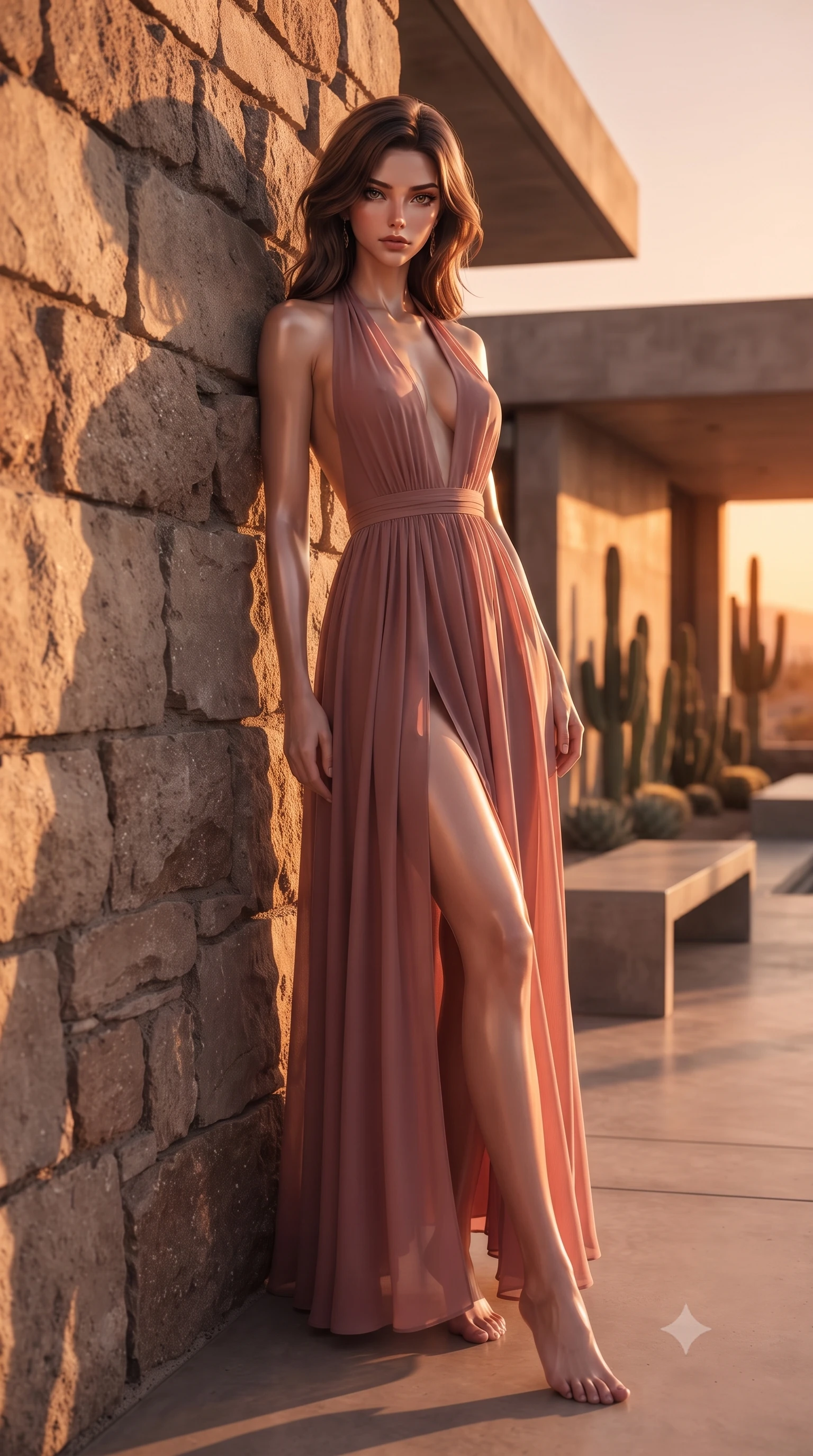 score_9, masterpiece, best quality, ultra-detailed, high-budget anime keyframe, editorial fashion photography, tasteful artistic composition, Korean woman woman. low angle full-body shot from head to toe showing her feet, filling the entire 9:16 vertical frame with her statuesque presence, stretching her vertical silhouette. leaning back against a rustic stone wall, casting a slow, alluring gaze at the camera the background shows a soft-focus a patio of a modern concrete villa in the desert, with minimalist cacti landscaping. She has an absolutely perfect, statuesque 8.5-heads proportion, an exceptionally tall and slender model-like female figure with impossibly long slender legs and an ultra-slim waist. sharp v-shaped jawline, high-bridge nose, intricate jewel-like eyes with depth, thick eyelashes, glossy lips with a natural sheen. wearing a tailored deep plunging-V neck maxi dress in dusty rose chiffon with a bold halter neck and low-cut back. the dramatic orange glow of a desert sunset casting long shadows of the cacti. ultra-reflective glossy finish, specular highlights, metallic sheen, high-contrast stereoscopic depth, volumetric dynamic lighting, 2k, ultra detail, master piece, 9:16 ratio