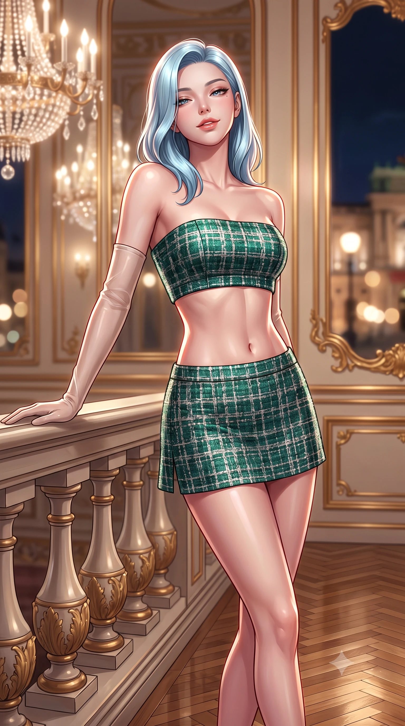 score_9, masterpiece, best quality, ultra-detailed, high-budget anime keyframe, semi-realistic 3D game render, editorial fashion photography, tasteful artistic composition, Korean woman. close-up cowboy shot from the waist and thighs up, the character dominates the composition, filling the frame with her large presence. leaning back against the balustrade with relaxed seductive grace, head tilted back slightly while casting a hypnotic, heavy-lidded gaze while striding slowly across the mirror-polished chevron parquet floor with tall model strides, her outfit swaying gracefully around her slender legs. The background shows a soft-focus infinite crystal chandelier reflections in tall French mirrors, gold-leaf rococo boiserie panels, and Heldenplatz square at night blurred into champagne, ivory, and gold bokeh. She has an exceptionally elegant, slender, and willowy female figure with an ultra-slim waist, flat toned midriff, narrow ribcage, and sculpted feminine hips creating an alluring, slim hourglass silhouette without bulk. sharp v-shaped jawline, high-bridge nose, intricate jewel-like sparkling eyes with depth, thick eyelashes, glossy parted lips with a natural peach sheen, bright cheerful beaming smile with an enchanting and coquettish sensual glint, exuding both youthful cute charm and seductive allure, flawlessly proportioned anatomical accuracy, strict slender model proportions, natural body alignment, perfectly sculpted long slender limbs, ultra-slim waistline, clean dynamic posture without body distortion. wearing an ultra-cropped fitted bandeau top paired with a micro mini tennis skirt revealing her flat midriff in Art Nouveau malachite green and antique starlight silver, woven from structured British tweed with subtle metallic flecks, complemented by sheer opera-length evening gloves tracing her slender arms, the second-skin tailored fabric adhering flawlessly to her sculpted flat midriff and slender torso, emphasizing her long leg lines and perfectly proportioned willowy build. illuminated by mirror specular reflections and sharp rose-gold rim lights sculpting her features, flat midriff, and slender waist. highly saturated vibrant anime colors, detailed shading with soft gradients, rich glossy textures, high-contrast stereoscopic depth, volumetric dynamic lighting, master piece, 9:16 ratio