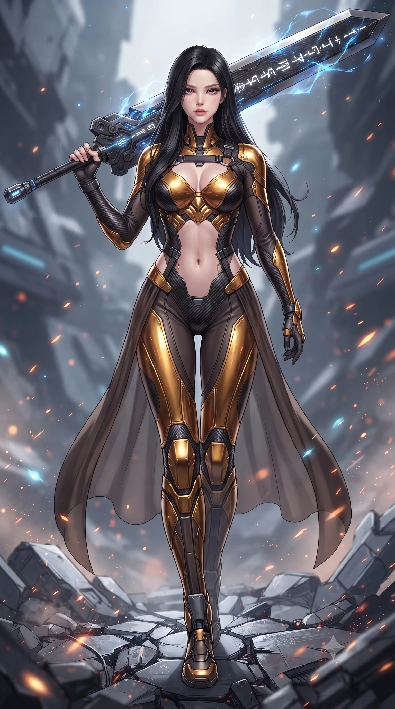 score_9, masterpiece, best quality, ultra-detailed, high-budget anime keyframe, editorial fashion photography, tasteful artistic composition, Korean woman. low angle full-body shot from head to toe showing her feet, filling the entire 9:16 vertical frame with her statuesque presence, stretching her vertical silhouette. striding forward with commanding supermodel grace, weapon held at the ready, her 8.5-heads statuesque silhouette dominating the vertical frame from head to toe while standing victorious on the shattered rubble of a cybernetic colosseum arena with a massive carbon greatsword resting on her shoulder. The composition keeps background elements in soft focus with creamy bokeh. sparks and glowing sword glyphs scattering radiant light motes across a ruined futuristic backdrop. She has an absolutely perfect, statuesque 8.5-heads proportion, an exceptionally tall and slender model-like female figure with impossibly long slender legs, a toned flat midriff, and an ultra-slim waist. sharp v-shaped jawline, high-bridge nose, intricate jewel-like eyes with depth, thick eyelashes, glossy lips with a natural sheen, flawlessly proportioned anatomical accuracy, strict slender model proportions, natural body alignment, perfectly sculpted long slender limbs, ultra-slim waistline, clean dynamic posture without body distortion. wearing a sculpted molten-gold and dark carbon cuirass paired with high-mobility combat leggings and sheer side drapes, wielding a glowing plasma energy scythe with fluid grace in electric cobalt blue carbon with polished platinum trim, made of liquid carbon-jersey fabric adhering flawlessly to her sculpted silhouette, reinforced by a sleek titanium tactical harness and glowing micro-energy straps, the precision-cut daring openings accentuating her delicate midriff, graceful bare collarbones, and ultra-slim feminine waistline. illuminated by sharp specular highlights tracing her ultra-slim waist, long legs, and flat midriff. ultra-reflective glossy finish, specular highlights, dark metallic sheen, high-contrast stereoscopic depth, volumetric dynamic lighting, 2k, ultra detail, master piece, 9:16 ratio