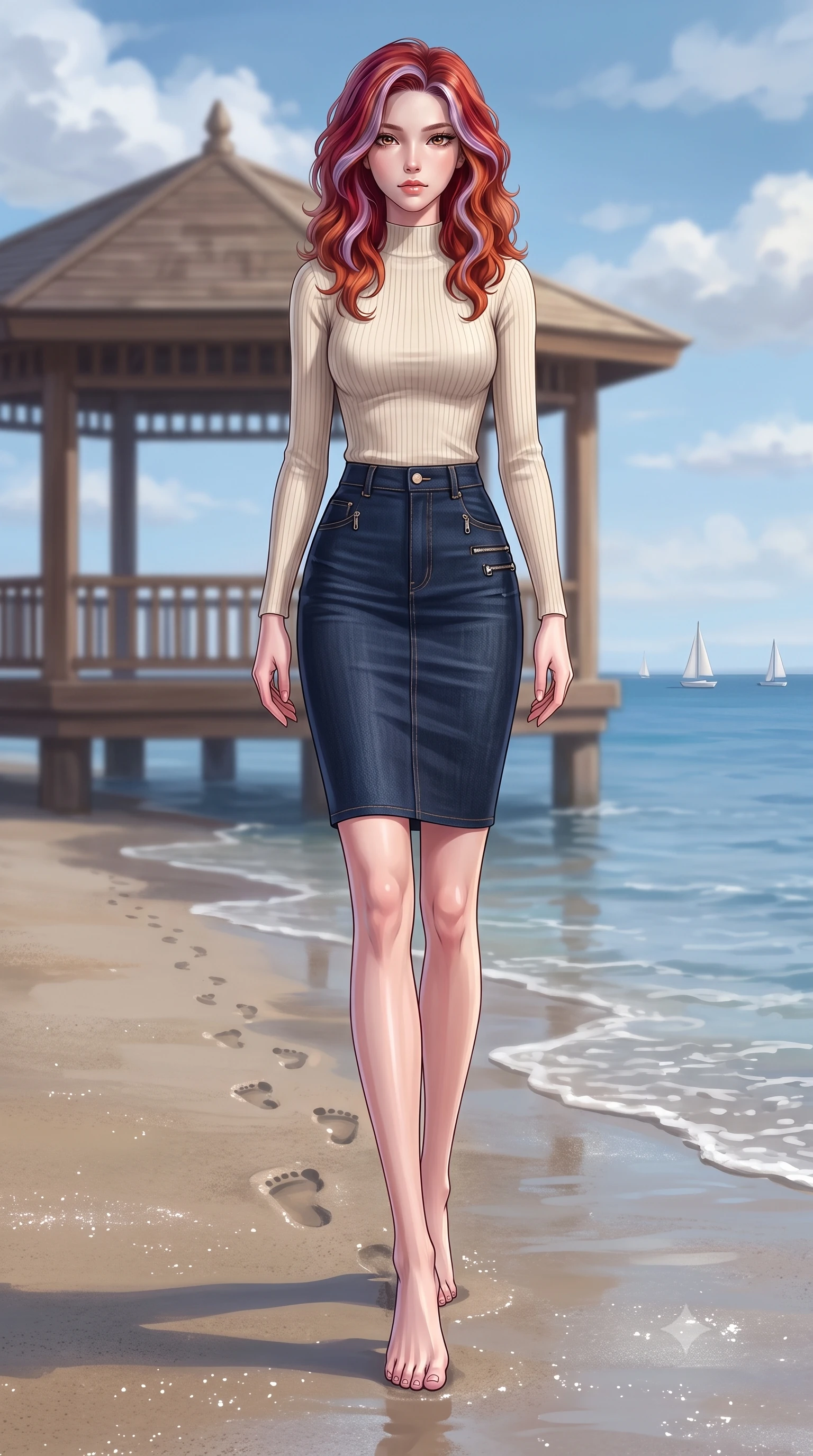 score_9, masterpiece, best quality, ultra-detailed, high-budget anime keyframe, editorial fashion photography, tasteful artistic composition, Caucasian woman woman. low angle full-body shot from head to toe showing her feet, filling the entire 9:16 vertical frame with her statuesque presence, stretching her vertical silhouette. walking slowly along the shoreline, leaving footprints in the wet sand the background shows a soft-focus a wooden pavilion overlooking a wide blue bay with small sailboats sailing in the distance. She has an absolutely perfect, statuesque 8.5-heads proportion, an exceptionally tall and slender model-like female figure with impossibly long slender legs and an ultra-slim waist. sharp v-shaped jawline, high-bridge nose, intricate jewel-like eyes with depth, thick eyelashes, glossy lips with a natural sheen. wearing a form-contouring form-contouring cream ribbed mock-neck top paired with a tight denim pencil skirt. diffused afternoon light under a few light clouds. 2k, ultra detail, master piece, 9:16 ratio