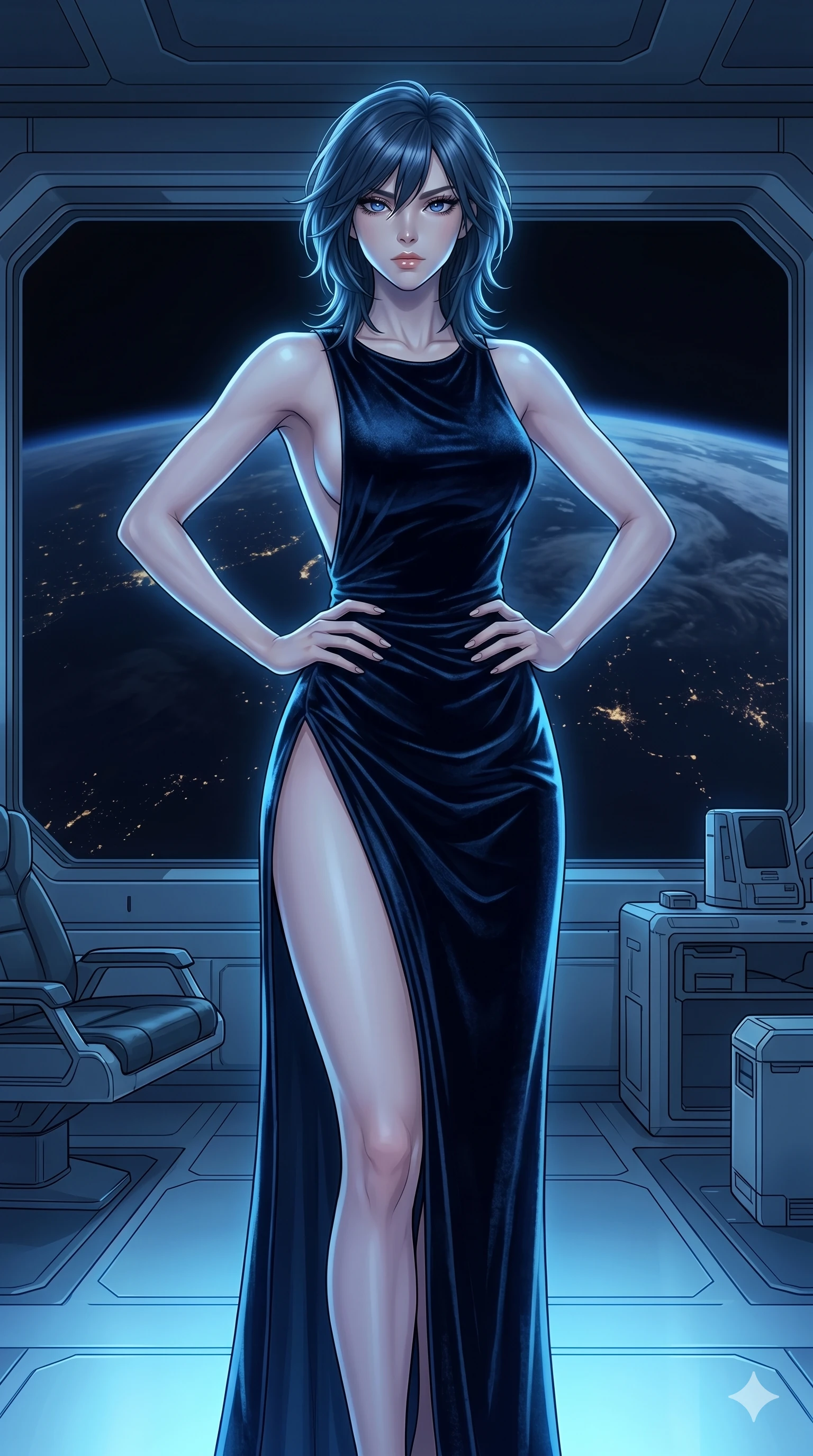 score_9, masterpiece, best quality, ultra-detailed, high-budget anime keyframe, editorial fashion photography, tasteful artistic composition, Caucasian woman, strictly human ears. cowboy shot from the thighs up, character and outfit filling the frame for maximum editorial presence. holding a confident power pose with both hands on her hips, her eyes staring down the viewer with icy coldness at a VIP lounge of an orbital space station overlooking the dark Earth (Scenario Code H-77). She has an absolutely perfect 8-heads proportion, an exceptionally tall and slender female figure with impossibly long slender legs and an ultra-slim waist. V-shaped jawline, high-bridge nose, intricate jewel-like eyes with depth, thick eyelashes, glossy lips with a natural sheen. wearing a floor-length dark velvet gown with a daring high side slit to the hip and a completely scooped open-back. lit by a cool blue bioluminescent glow from below, highlighting her jawline and shoulders. 2k, ultra detail, master piece, 9:16 ratio