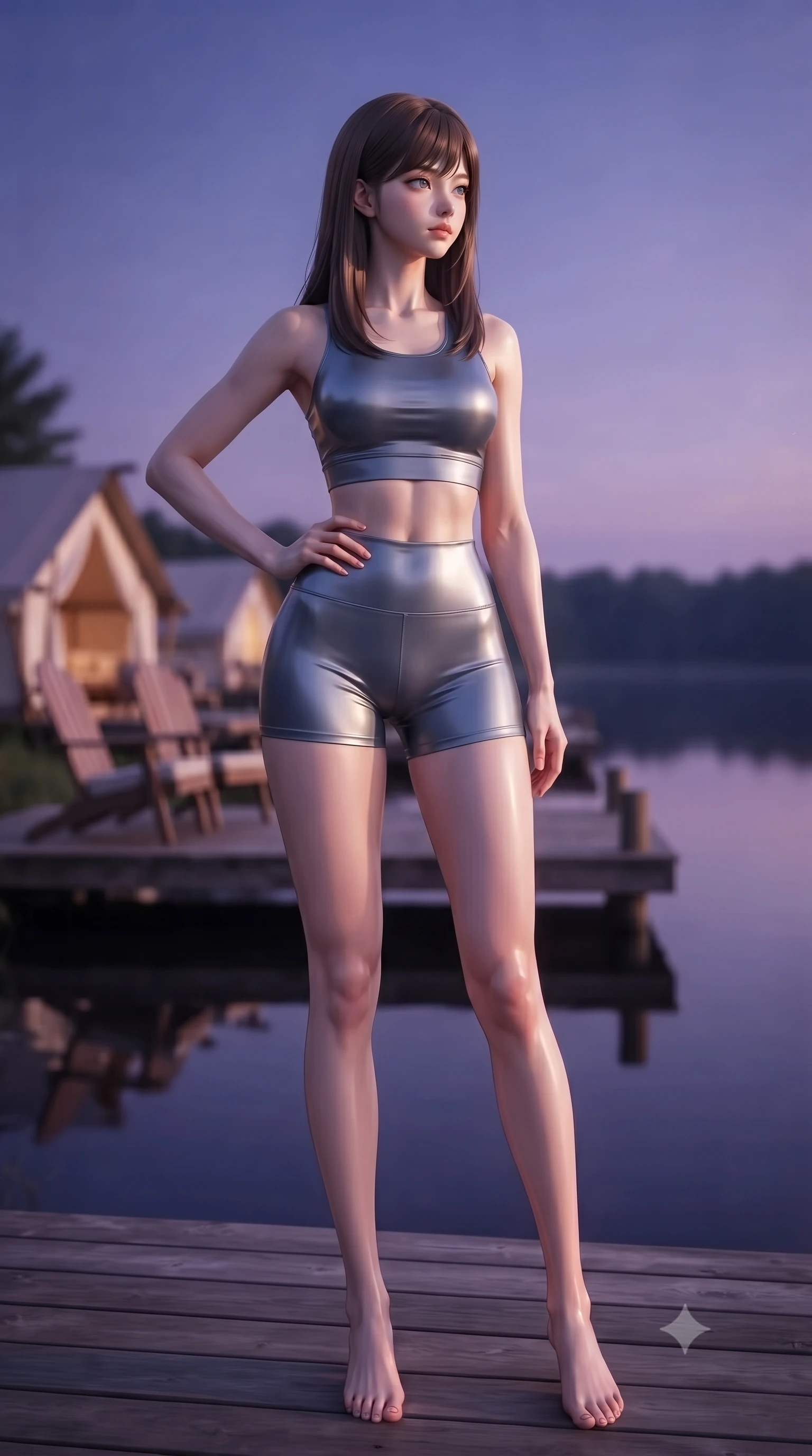 score_9, masterpiece, best quality, ultra-detailed, high-budget anime keyframe, editorial fashion photography, tasteful artistic composition, Korean woman. low angle full-body shot from head to toe showing her feet, filling the entire 9:16 vertical frame with her statuesque presence, stretching her vertical silhouette. posing confidently with one hand on her hip, stretching her statuesque body to emphasize her curves the background shows a soft-focus a private lakeside pier extending from a glamping site, with two wooden chairs. She has an absolutely perfect, statuesque 8.5-heads proportion, an exceptionally tall and slender model-like female figure with impossibly long slender legs and an ultra-slim waist. sharp v-shaped jawline, high-bridge nose, intricate jewel-like eyes with depth, thick eyelashes, glossy lips with a natural sheen. wearing a body-hugging body-hugging athletic crop top and high-waisted shorts set in slate grey. the serene purple and blue hues of twilight reflecting on the still water. ultra-reflective glossy finish, specular highlights, metallic sheen, high-contrast stereoscopic depth, volumetric dynamic lighting, 2k, ultra detail, master piece, 9:16 ratio