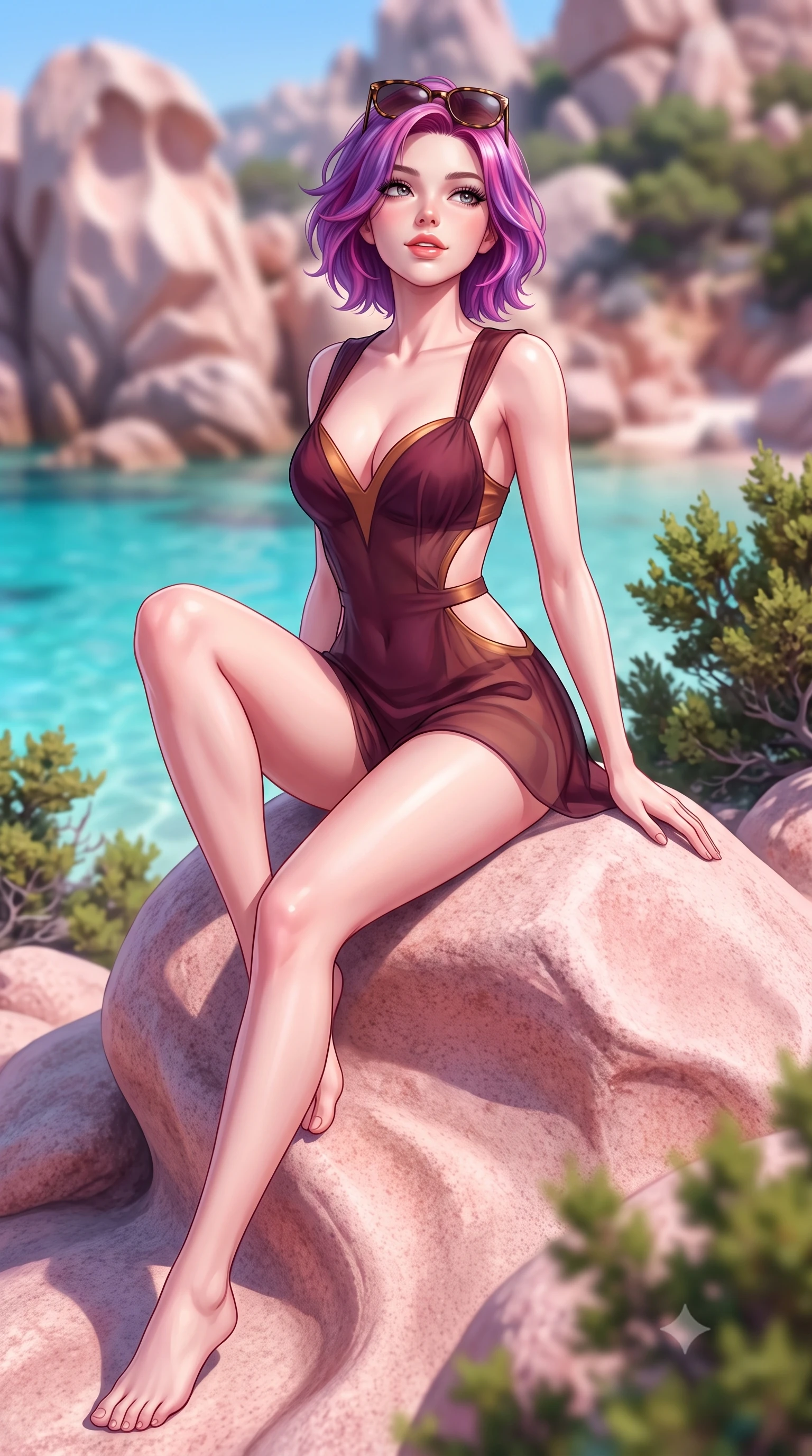 score_9, masterpiece, best quality, ultra-detailed, high-budget anime keyframe, semi-realistic 3D game render, editorial fashion photography, tasteful artistic composition, Caucasian woman. low angle full-body shot from head to toe showing her feet, filling the entire 9:16 vertical frame with her statuesque presence, stretching her vertical silhouette. sitting poised on the stone steps with one knee bent, arching her spine with supermodel elegance as she glances upward through thick eyelashes while standing on the smooth wind-sculpted pink granite boulder, arching her spine with breathtaking statuesque presence against emerald water. The background shows a soft-focus surreal wind-carved granite rock formations, gin-clear turquoise lagoon, and wild juniper bushes blurred into rose-quartz, emerald, and azure bokeh. She has an absolutely perfect, statuesque 8.5-heads proportion, an exceptionally tall and slender model-like female figure with impossibly long slender legs, an ultra-slim waist, a flat toned midriff, narrow delicate ribcage, and beautifully sculpted feminine hips creating a graceful, slim hourglass silhouette without any bulky heaviness. sharp v-shaped jawline, high-bridge nose, sparkling eyes with hypnotic seductive depth, thick curled eyelashes, glossy parted lips with a natural dewy peach sheen, alluring bedroom-eyes with an enchanting coquettish smile, exuding magnetic siren charisma and sophisticated glamour, flawlessly proportioned anatomical accuracy, strict slender model proportions, natural body alignment, perfectly sculpted long slender limbs, ultra-slim waistline, clean dynamic posture without body distortion. wearing a deep sweetheart-neckline buckskin bodycon romper with side-hip cutouts accentuating her hourglass curves in smoky bordeaux wine and gilded copper, made of sheer gossamer chiffon that drapes softly against skin with airy translucence, complemented by oversized designer tortoiseshell sunglasses resting atop her head, the second-skin tailored fabric adhering flawlessly to her sculpted flat midriff and slender torso, emphasizing her long leg lines and perfectly proportioned willowy build. bathed in dazzling midday Mediterranean sunlight penetrating straight down to the white sand sea floor. highly saturated vibrant anime colors, detailed shading with soft gradients, rich glossy textures, high-contrast stereoscopic depth, volumetric dynamic lighting, master piece, 9:16 ratio